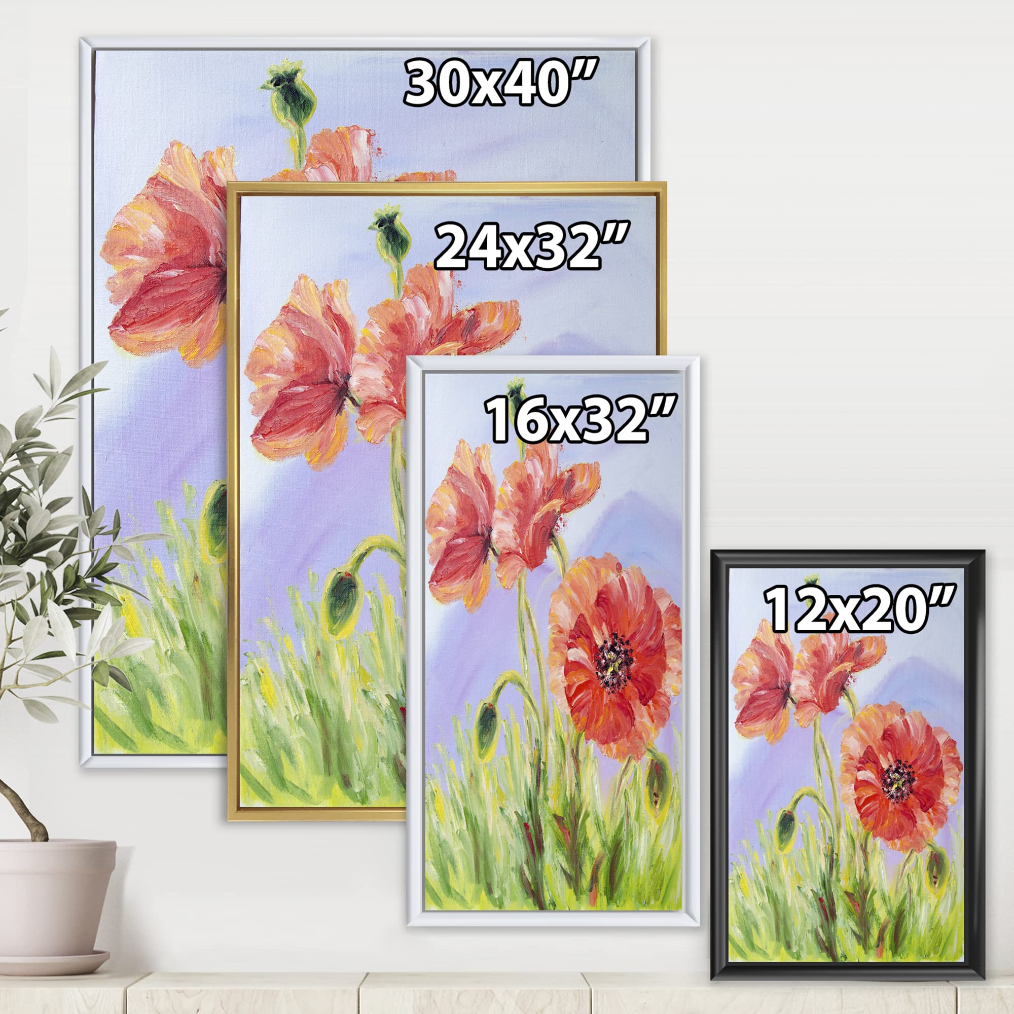 DesignQ Blossoming Poppies In The Morning IV - Traditional Framed Canvas Wall Art Print - Home & Office Decor, Living Room, Bedroom Wall Hanging