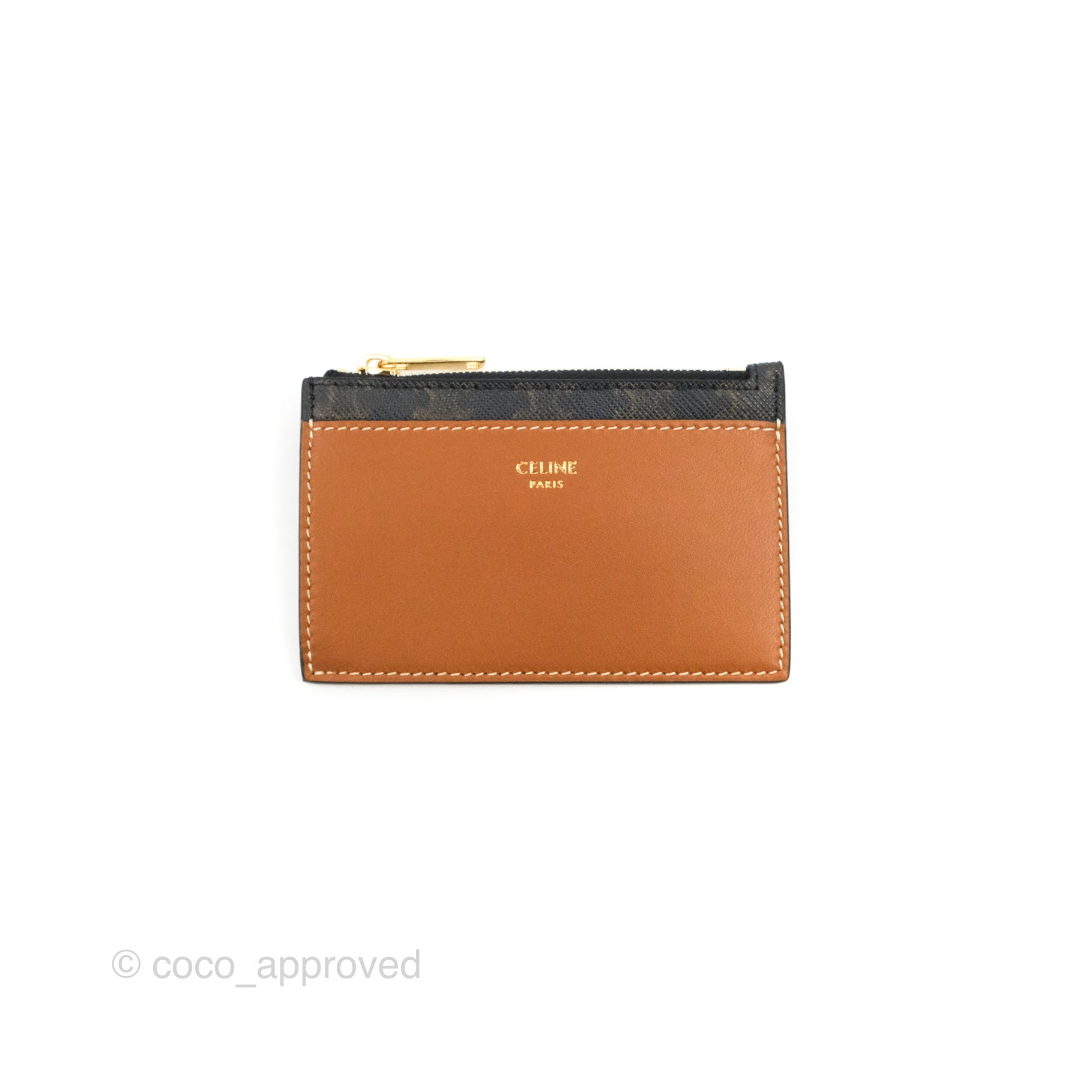 Celine Triomphe Canvas Zipped Card Holder in Tan Lambskin Leather - Luxury Compact Wallet for Everyday Use & Travel Essentials