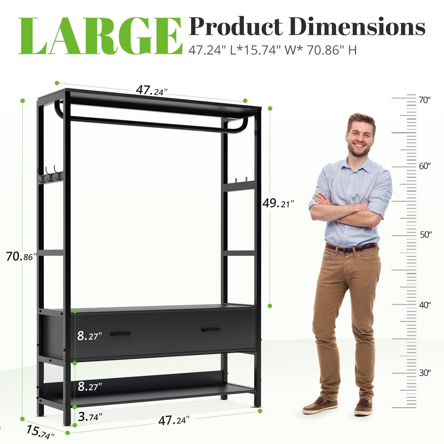 HOKEEPER Heavy Duty Free Standing Closet Organizer with 5 Drawers & Hooks - Sturdy Metal Garment Rack with Shelves for Bedroom, Closet Storage - Perfect for Hanging Clothes, Organizing Wardrobe & Maximizing Small Spaces (Black)