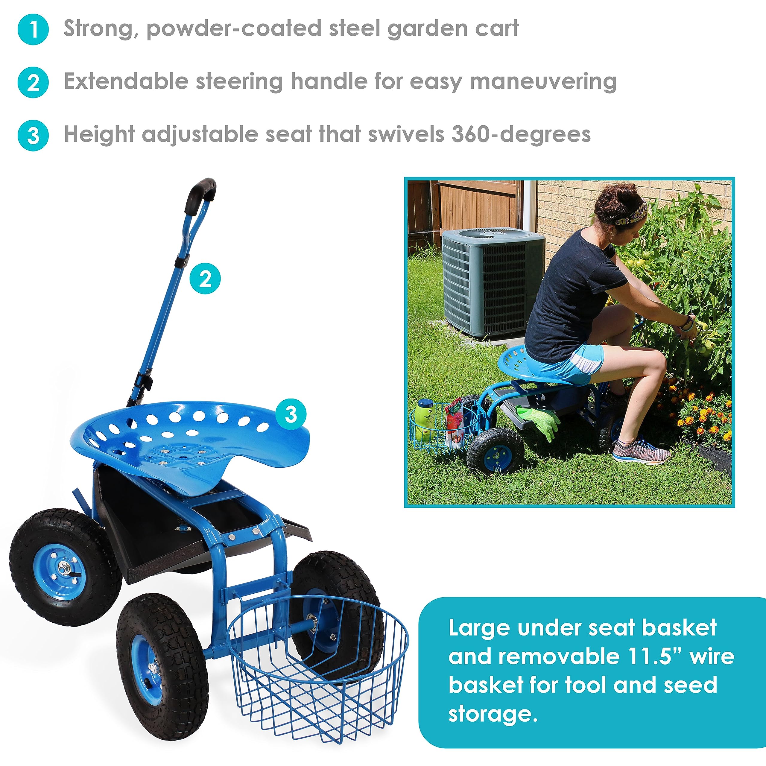 Sunnydaze Rolling Garden Stool with Wheels - Extendable Steer Handle, Swivel Seat & Utility Tool Tray - Blue Outdoor Gardening Seat for Planting, Weeding & Yard Work