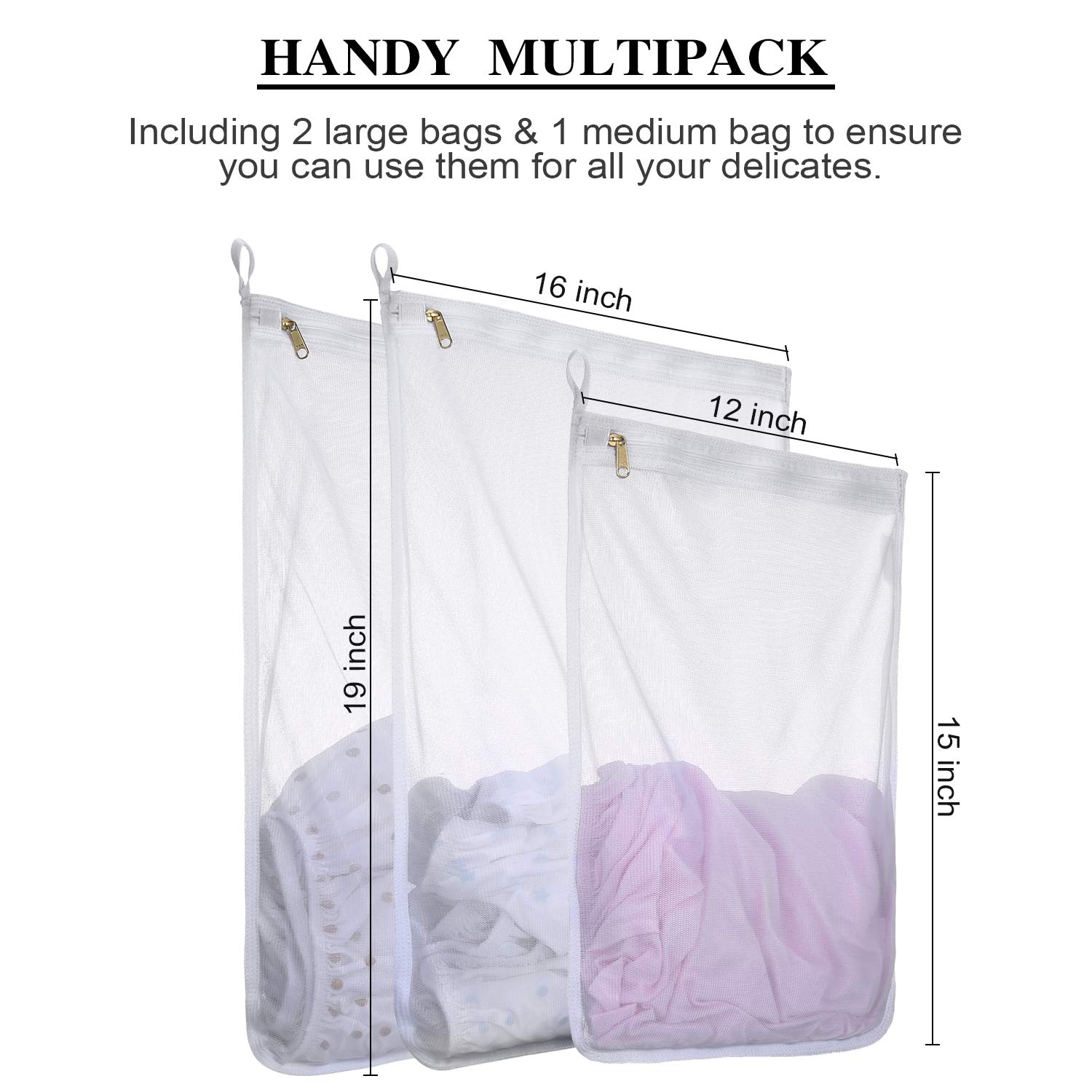 Reusable Mesh Laundry Bags for Delicates - 3 Pack (2 Large + 1 Medium) with Durable Zipper Closure - Gentle Washing Solution for Travel, College & Home Use - Protect Lingerie, Swimwear & Baby Clothes