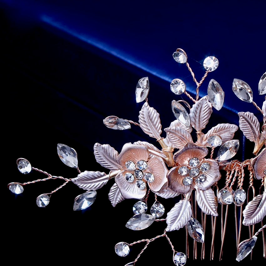 Myra Floral Bridal Hair Comb - Silver, Rose Gold & Yellow Gold Wedding Hair Accessories for Brides, Bridesmaids & Prom | Perfect for Weddings, Photoshoots & Special Occasions