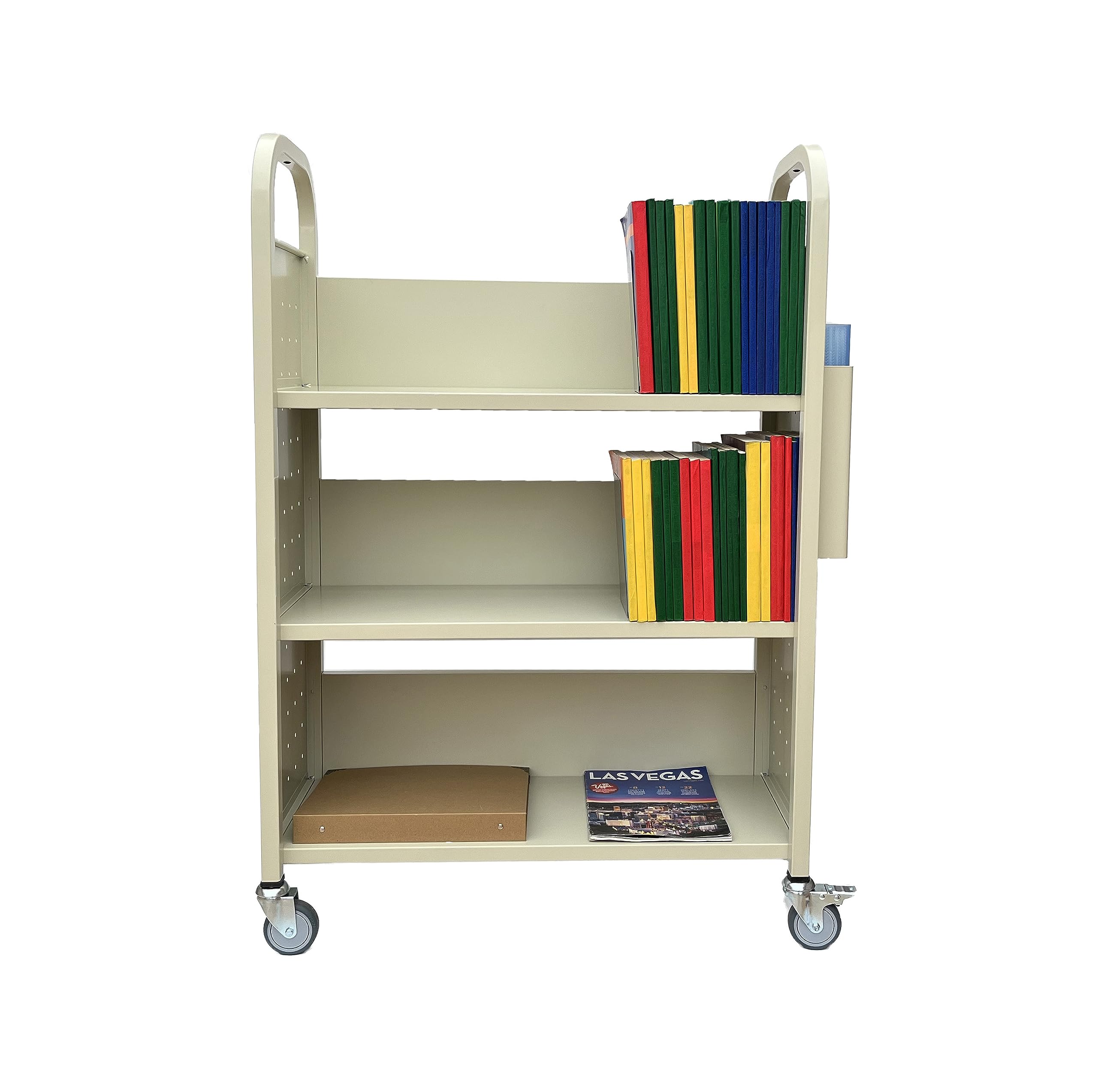 Workington Rolling Book Truck with 3 Flat Shelves - Mobile Library Book Cart with Swivel Locking Casters 3001 Putty - Perfect for Libraries, Schools & Office Organization
