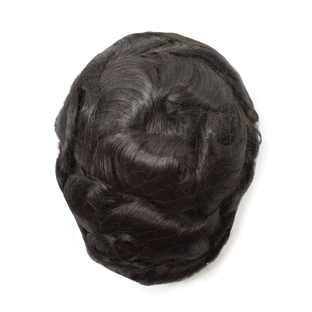 Premium Swiss Lace Toupee for Men - 6x8 Human Hair Replacement System (1B Off Black, 120% Density) - Natural Looking Hairpiece for Daily Wear & Special Occasions