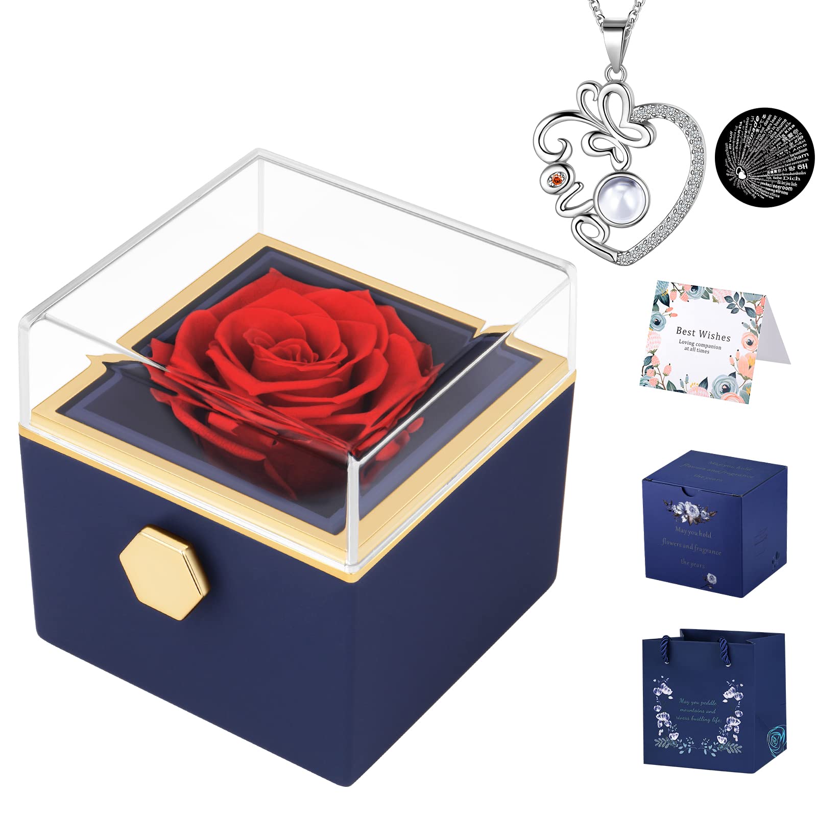 Real Preserved Rose Necklace with 'I Love You' in 100 Languages - Eternal Flower Jewelry for Women | Romantic Gift for Wife, Girlfriend, Mom on Valentine's Day, Christmas, Mother's Day, Birthday & Anniversary | Perfect for Date Nights, Proposals & Special Occasions (Blue)