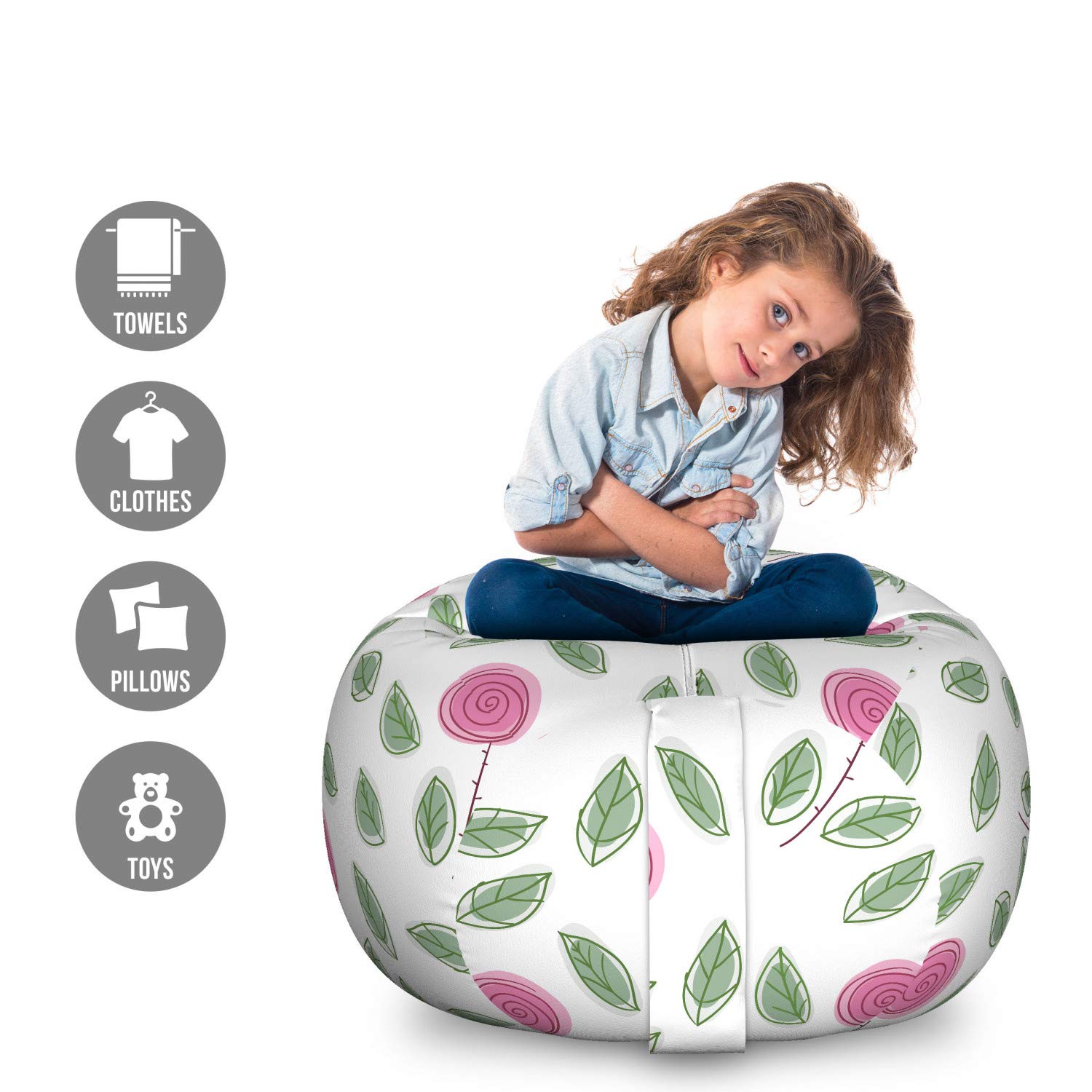 Ambesonne Large Pink Rose Storage Bag Chair - Modern Floral Spiral Design with Green Leaves, Washable Stuffed Animal Organizer for Kids' Room, Nursery, Playroom & Dorm Decor - Pink, Reseda Green & White