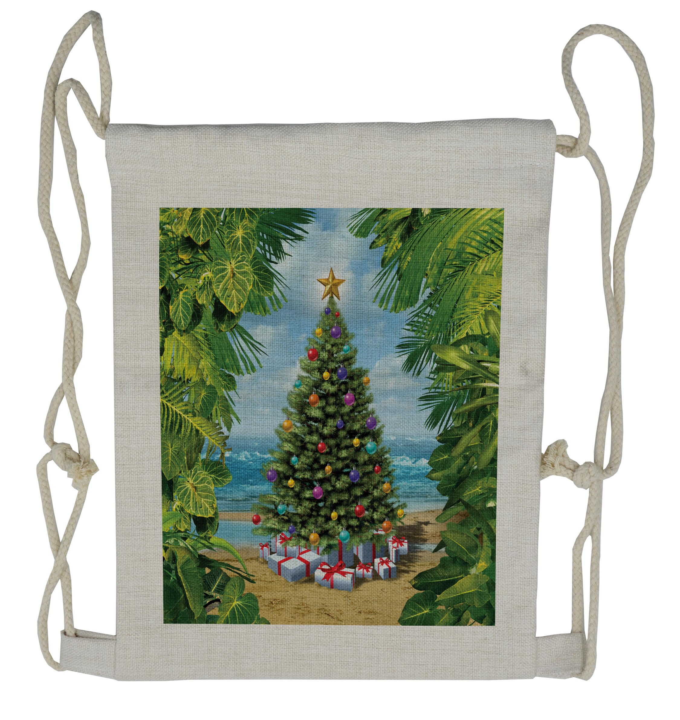 Lunarable Christmas Drawstring Backpack - Tropical Sandy Beaches Design - Lightweight Sackpack Bag for Holiday Travel, Beach Outings & Festive Gift Giving