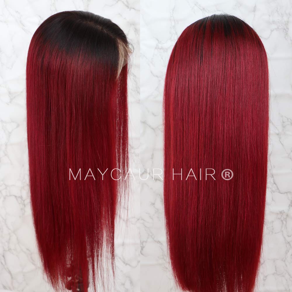 Maycaur Red Ombre Human Hair Lace Front Wig - Silky Straight #1B/Red Full Lace Wig with Baby Hair 130% Density (18 Inch) for Daily Wear, Cosplay & Special Occasions