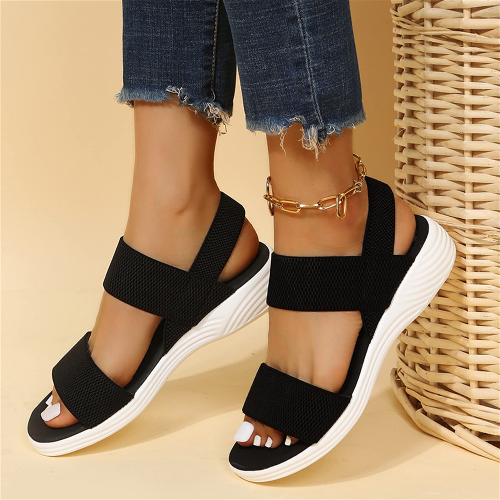 Women's Washable Orthopedic Slingback Sandals - Soft Elastic Strap Flat Slides for Walking, Sports & Casual Wear | Breathable Open-Toe Summer Shoes | Black | US9/EU40 | Perfect for Beach, Travel & Everyday Comfort