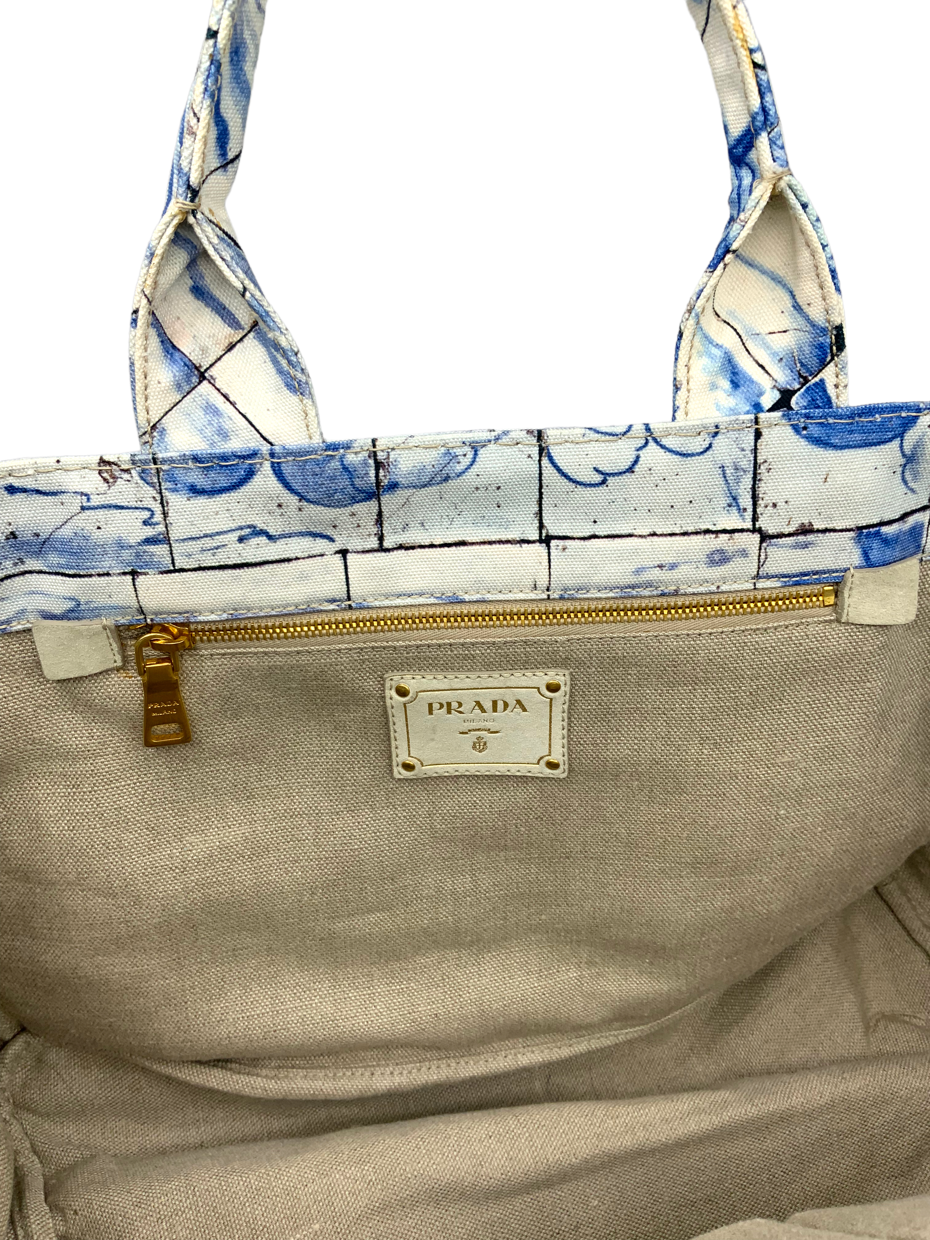 PRADA Canapa Azulejos Large Tote Bag for Women - Stylish Canvas Handbag with Leather Trim, Perfect for Work, Travel & Everyday Use