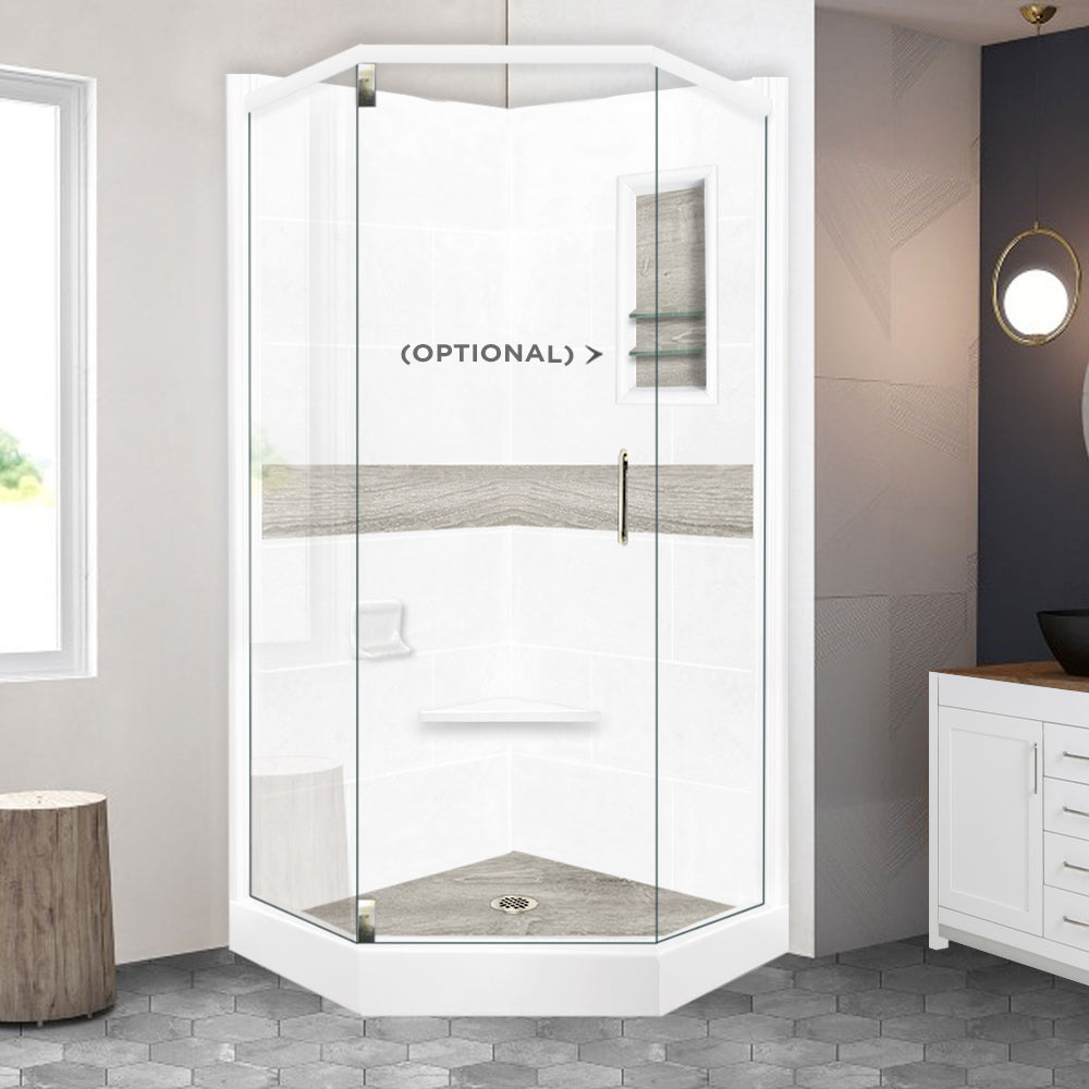 DIY Shower Remodel Kit - Neo Angle Natural Buff Sistine Stone & Sterling Oak Wood Accent | Waterproof Bathroom Upgrade for Modern Homes | Perfect for Bathroom Renovation & Luxury Spa Experience
