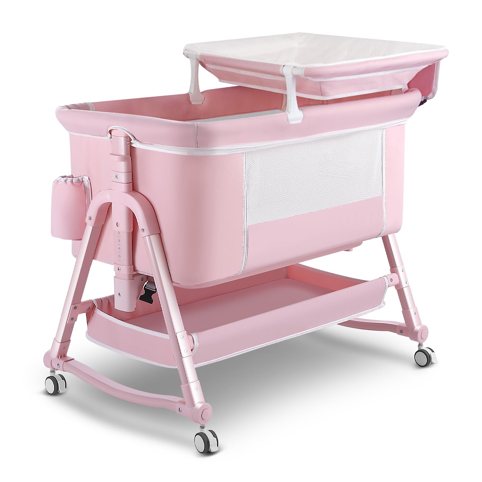Uuoeebb 4-in-1 Portable Baby Bassinet Bedside Sleeper with Wheels, Foldable Travel Crib with Changing Station & Storage | Includes Mattress for Newborns 0-6 Months (Pink) | Perfect for Nursery, Bedroom Co-Sleeping & Travel