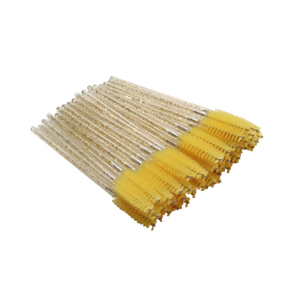 Minkissy 100pcs Disposable Eyelash Extension Mascara Brushes with Crystal Rod - Lengthening Mascara Applicator Wands, Professional Makeup Brush Kit (Yellow) for Salon, Lash Artists & Home Use