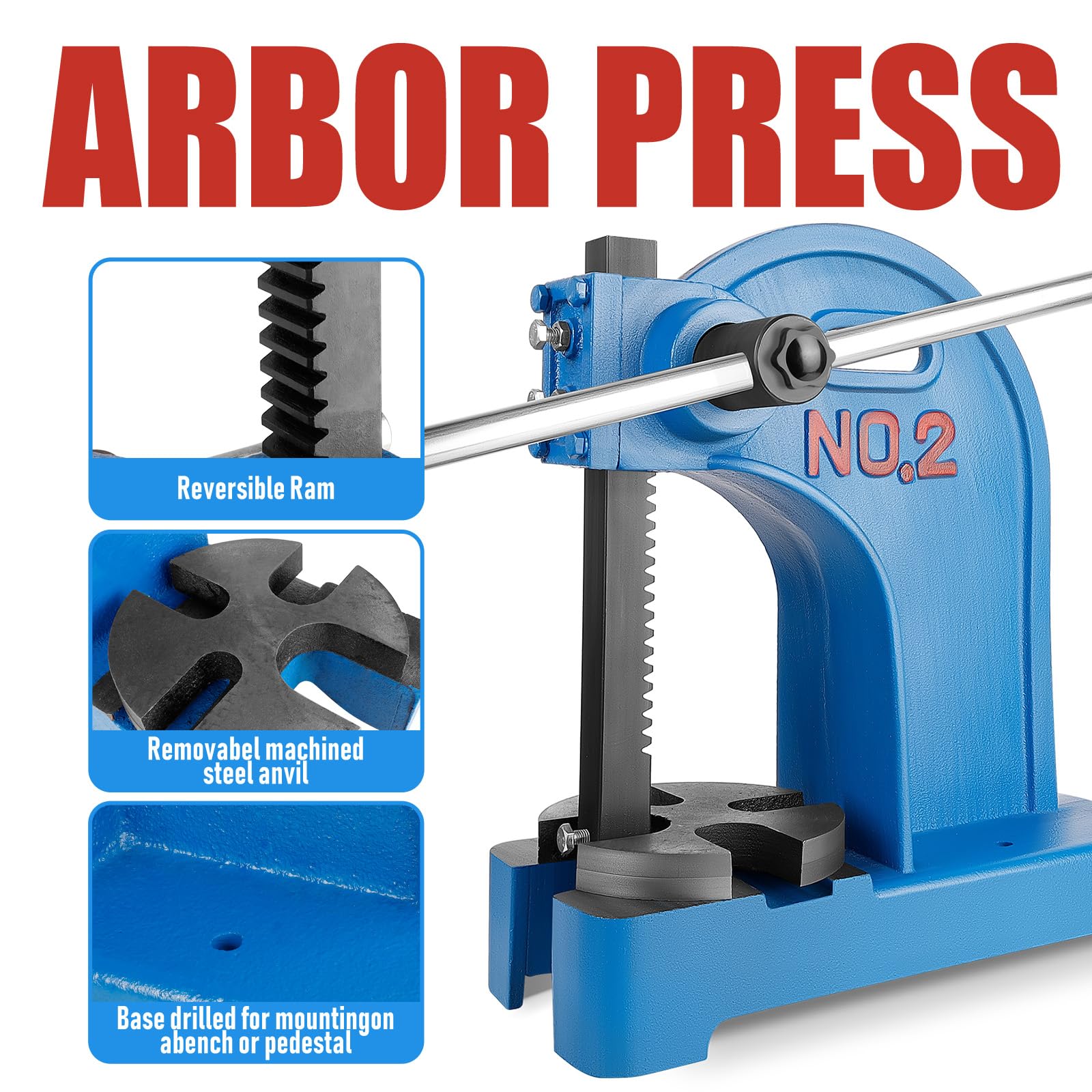 2 Ton Heavy Duty Manual Arbor Press - Cast Iron Desktop Press for Riveting, Punching, Stamping & Metal Forming | Perfect for Jewelry Making, Metalworking & DIY Projects (Blue)