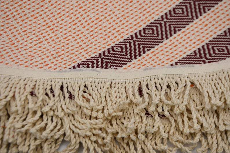100% Cotton Round Beach Towel - Soft & Absorbent Orange & Burgundy Striped Towel for Pool, Beach, Picnic & Yoga