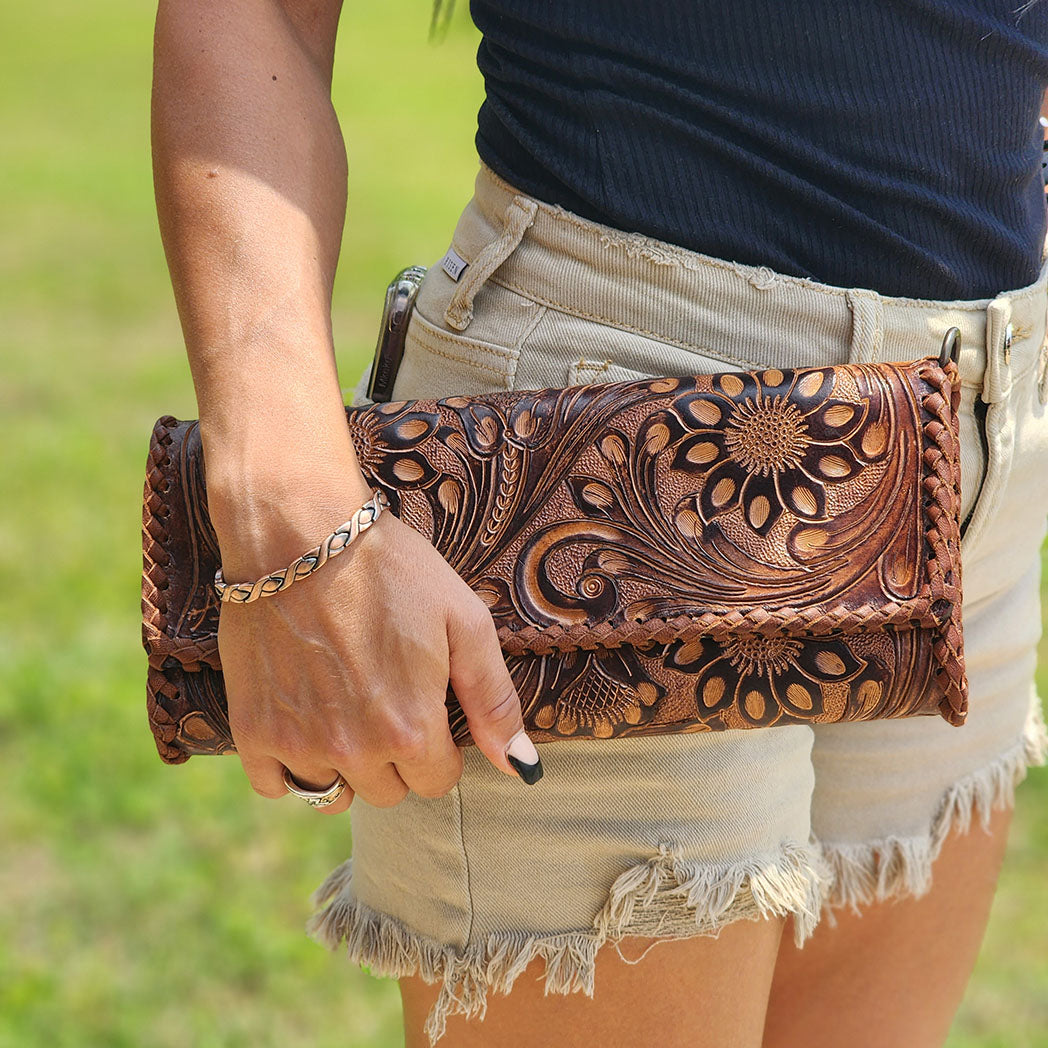 American Darling Genuine Tooled Leather Clutch Purse - Handcrafted Western Style Women's Wallet for Evening Parties, Date Nights & Special Occasions