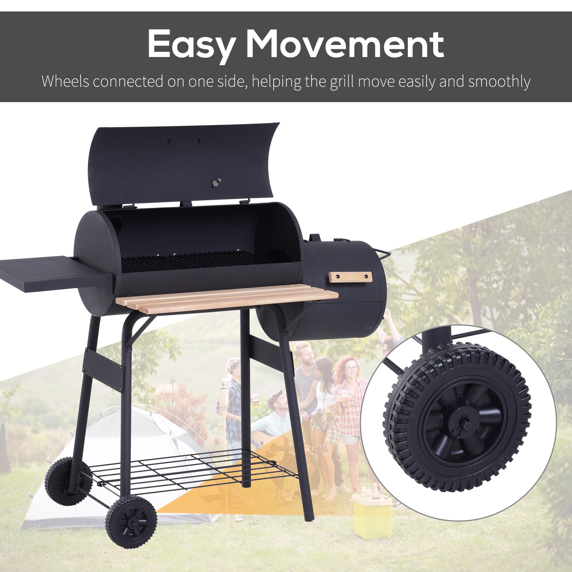 Outsunny 48 Inch Portable Charcoal BBQ Grill with Wheels - 232 Sq In Steel Outdoor Smoker Grill with Storage Shelf - Ideal for Backyard, Camping, Picnic & Tailgating - Black