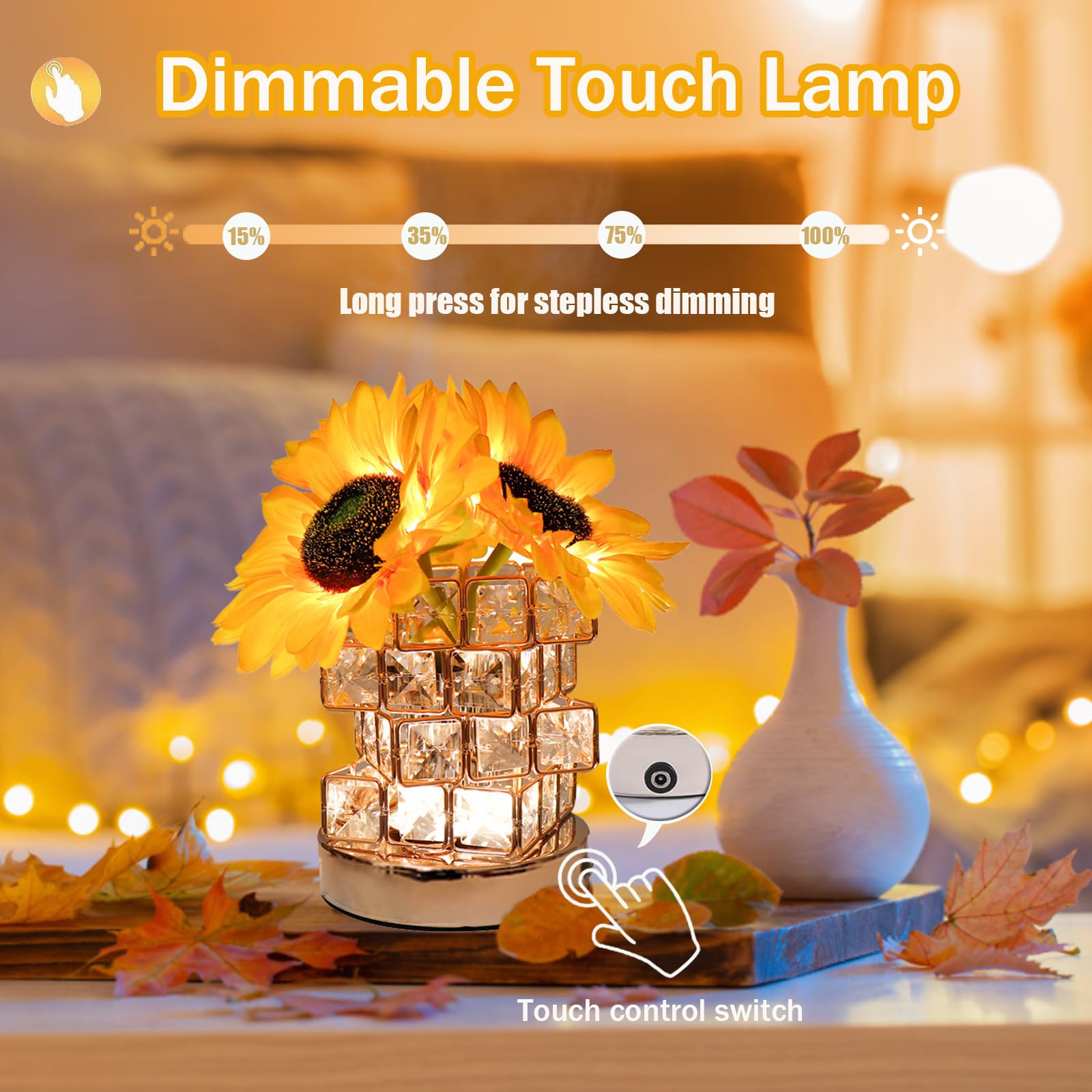 Dimmable LED Sunflower Table Lamp with Touch Control & Crystal Vase - USB Rechargeable Cordless Desk Light for Bedroom, Living Room, Office | Home Decor, Gift Idea (Yellow) | Perfect for Night Reading, Romantic Ambiance & Cozy Spaces