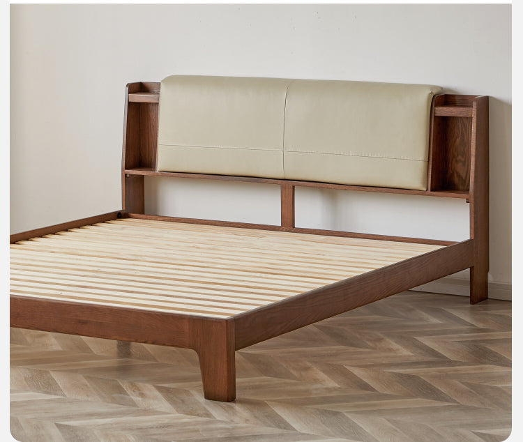 Solid Oak Wood Luminous Bed with Shelf - Genuine Leather & Technical Fabric Headboard - Modern Bedroom Furniture for Master Bedroom, Guest Room, or Dorm