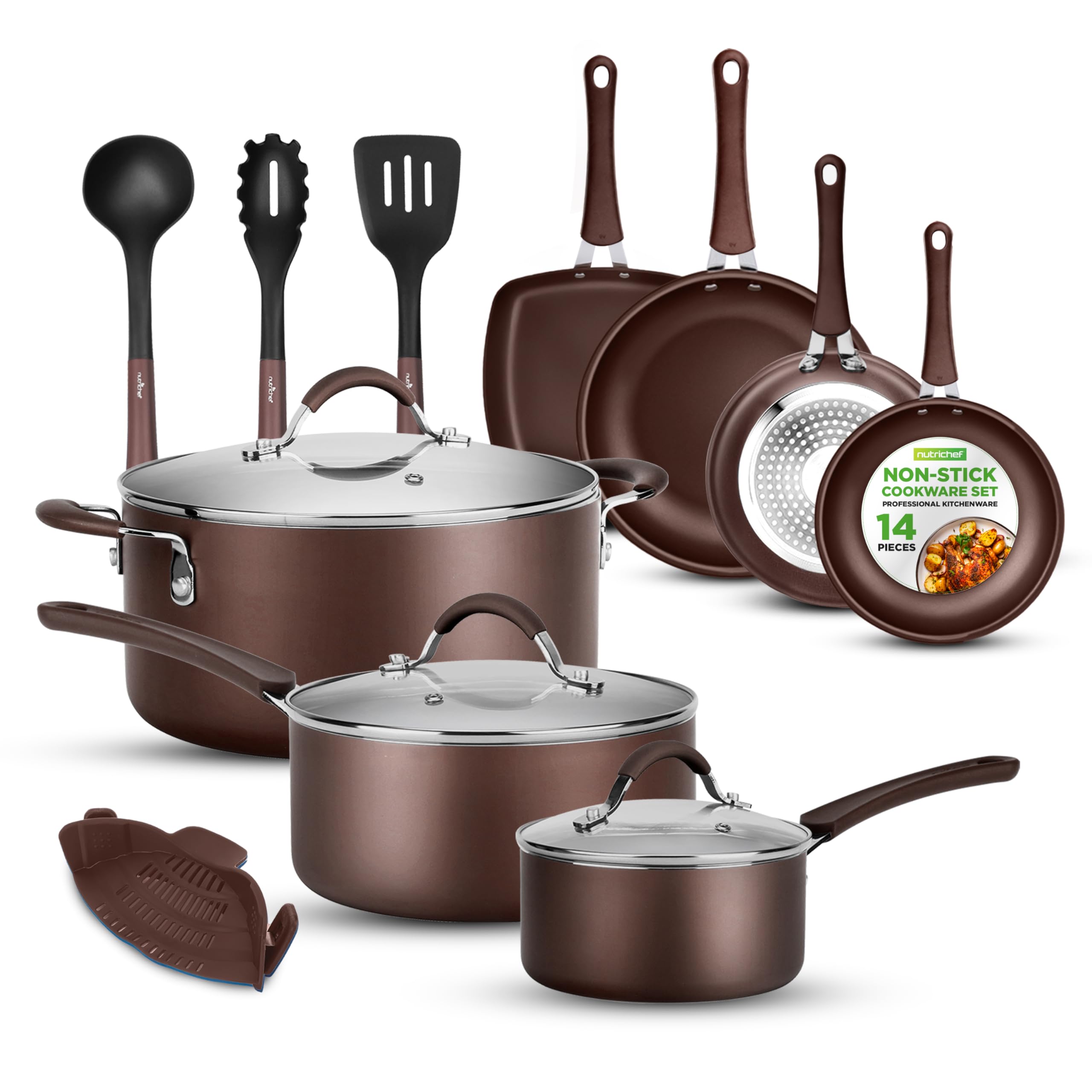 NutriChef 14-Piece Nonstick Brown Cookware Set - Scratch-Resistant Pots & Pans with Glass Lids & Utensils - Induction Compatible for Gas, Electric, Ceramic & Halogen Stoves - Perfect for Frying, Sautéing & Everyday Cooking