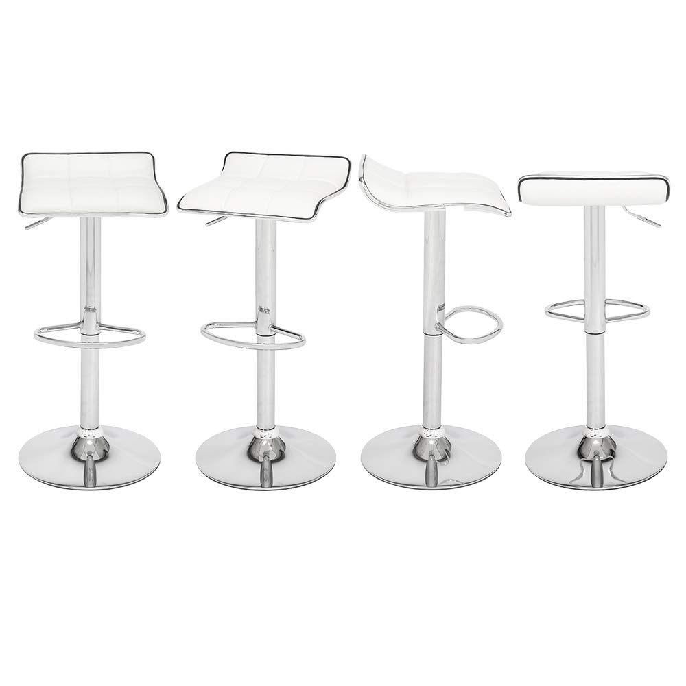Modern PU Leather Swivel Adjustable Hydraulic Bar Stools Set of 2 - Square Board Curved Foot Design in Cotton Linen Fabric (White) for Kitchen Island, Home Bar & Dining Counter