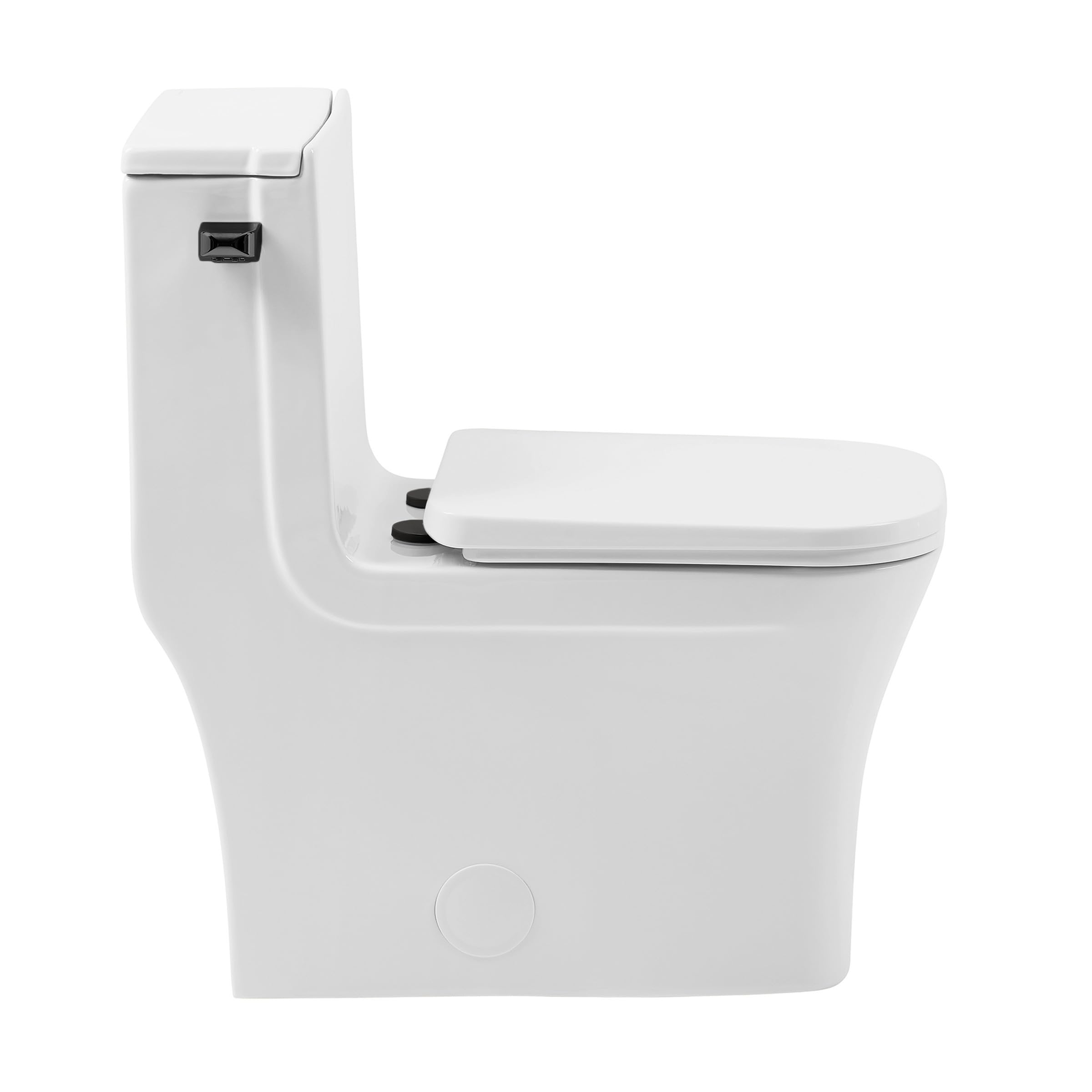 Concorde One-Piece Square Toilet with Side Flush, 1.28 GPF Water Saving Design, Modern Black Hardware - Perfect for Small Bathrooms, Apartments & Contemporary Homes