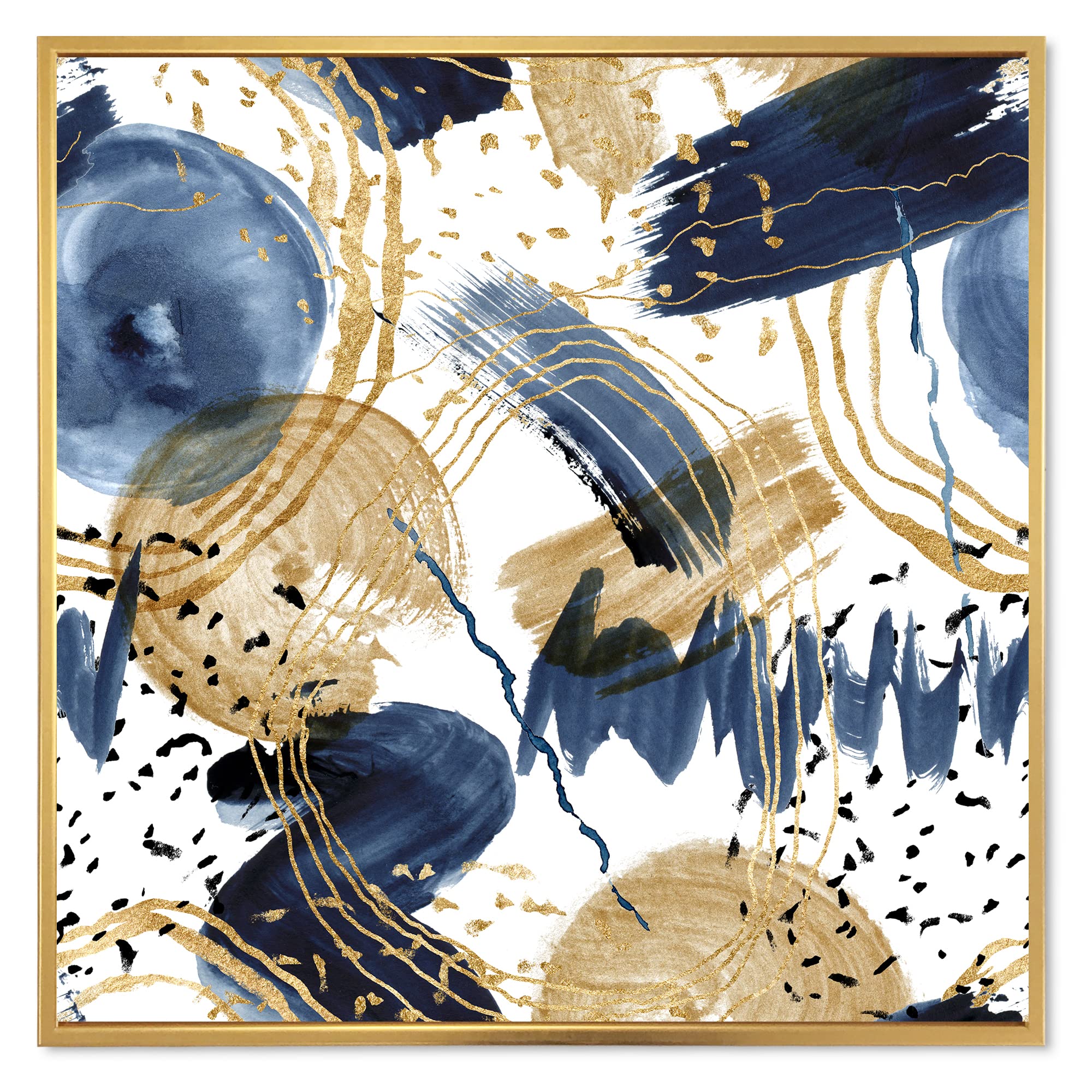 Abstract Pattern Dark Blue & Gold Textured Framed Canvas Wall Art - Modern Home Decor for Living Room, Bedroom & Office