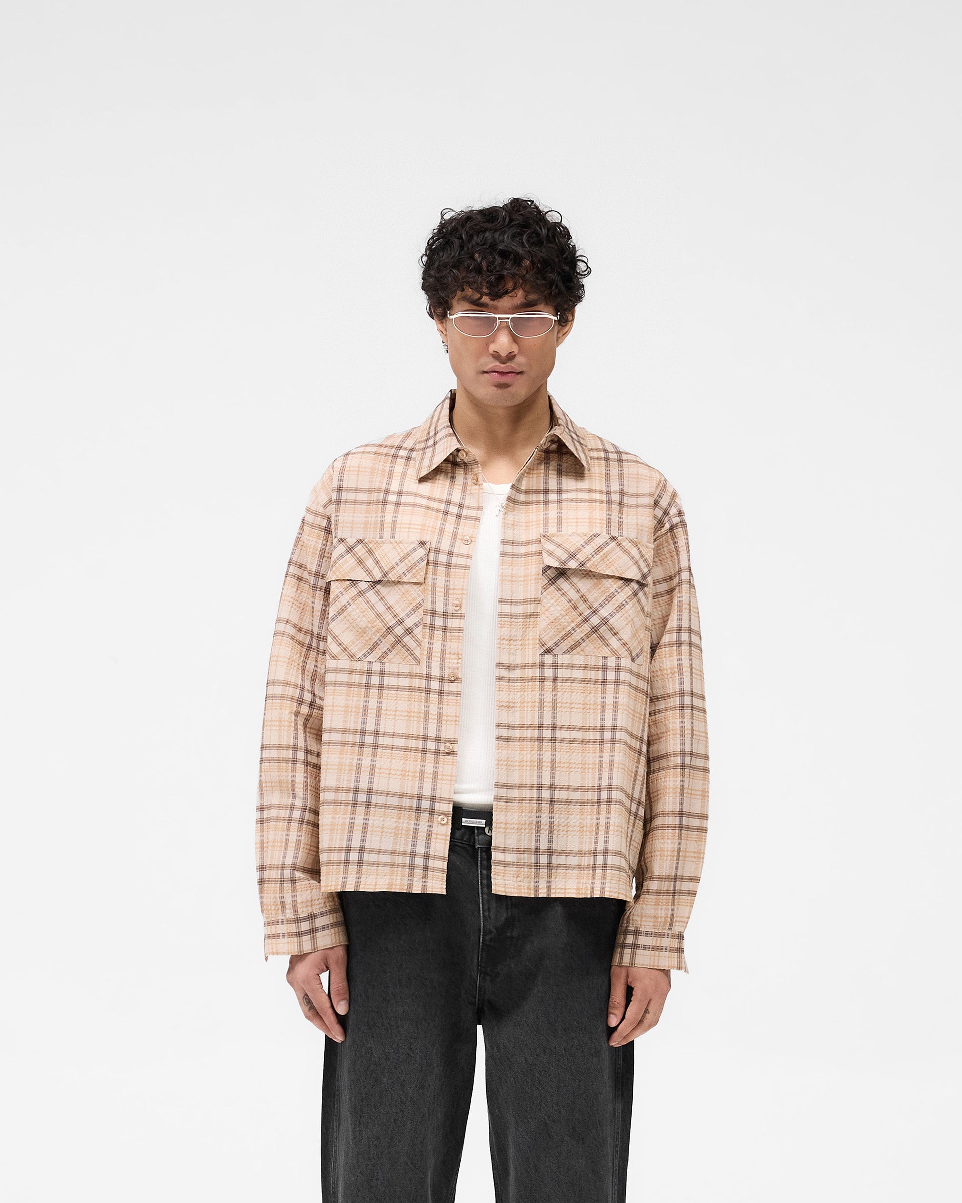 Brown Check Sheer Flannel Shirt for Women - Soft Lightweight Plaid Button Down Top - Perfect for Casual Outfits, Layering & Fall Fashion