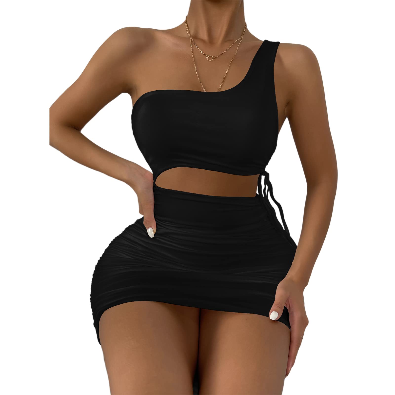 Sexy One Shoulder Mini Dress for Women - Sleeveless Cutout Ruched Bodycon Dress with Side Drawstring, Perfect for Night Out, Party, and Club Wear