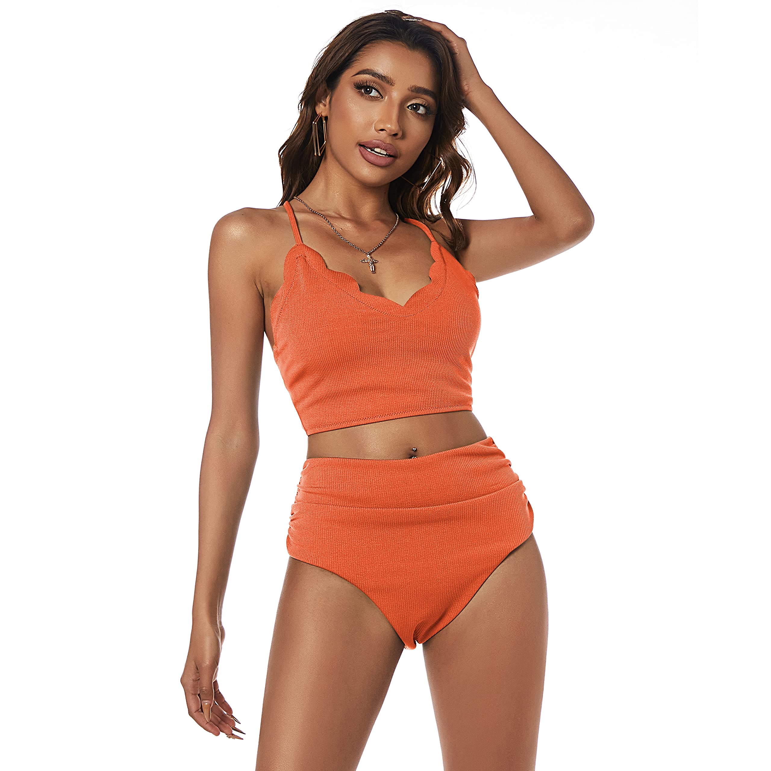 ZAFUL Women's High Waisted Swimsuits - Scalloped Bikini & Lace-Up Tankini Set with Tummy Control | Sexy Beachwear for Summer Vacation, Pool Party & Tropical Getaway