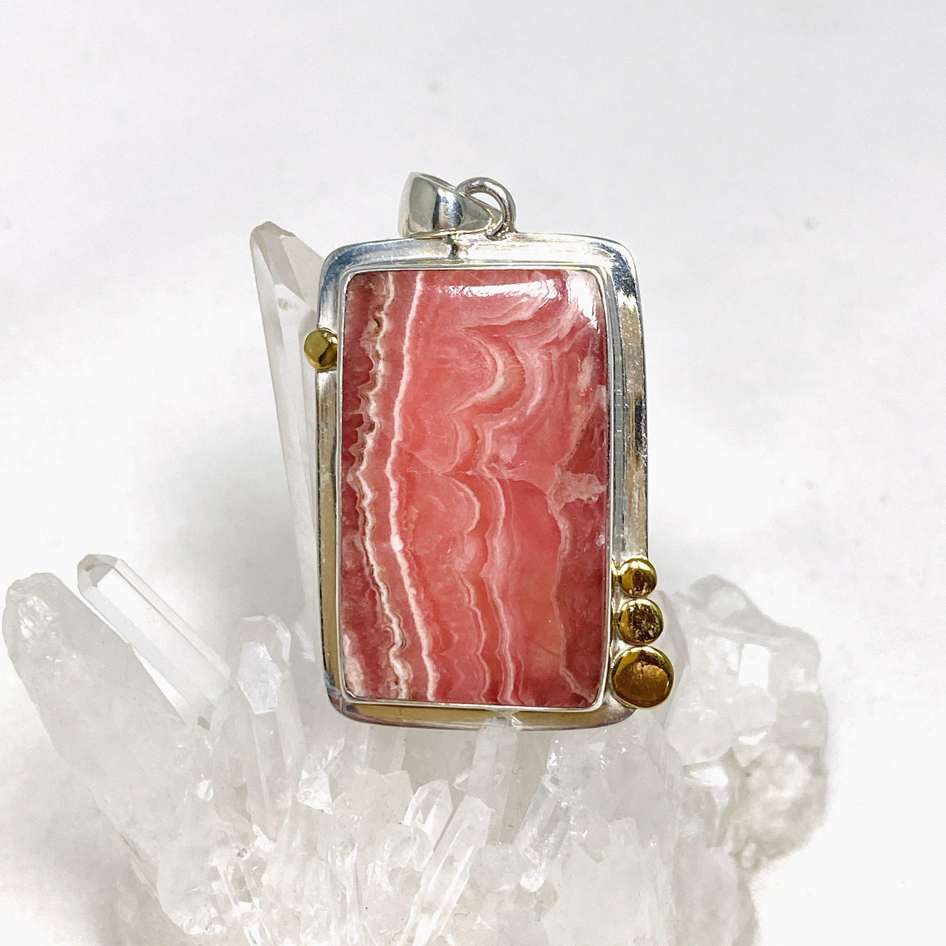 Rhodochrosite Rectangular Pendant with Brass Accents KPGJ4324 - Elegant Gemstone Jewelry for Women, Gift for Her, Perfect for Valentine's Day & Anniversary