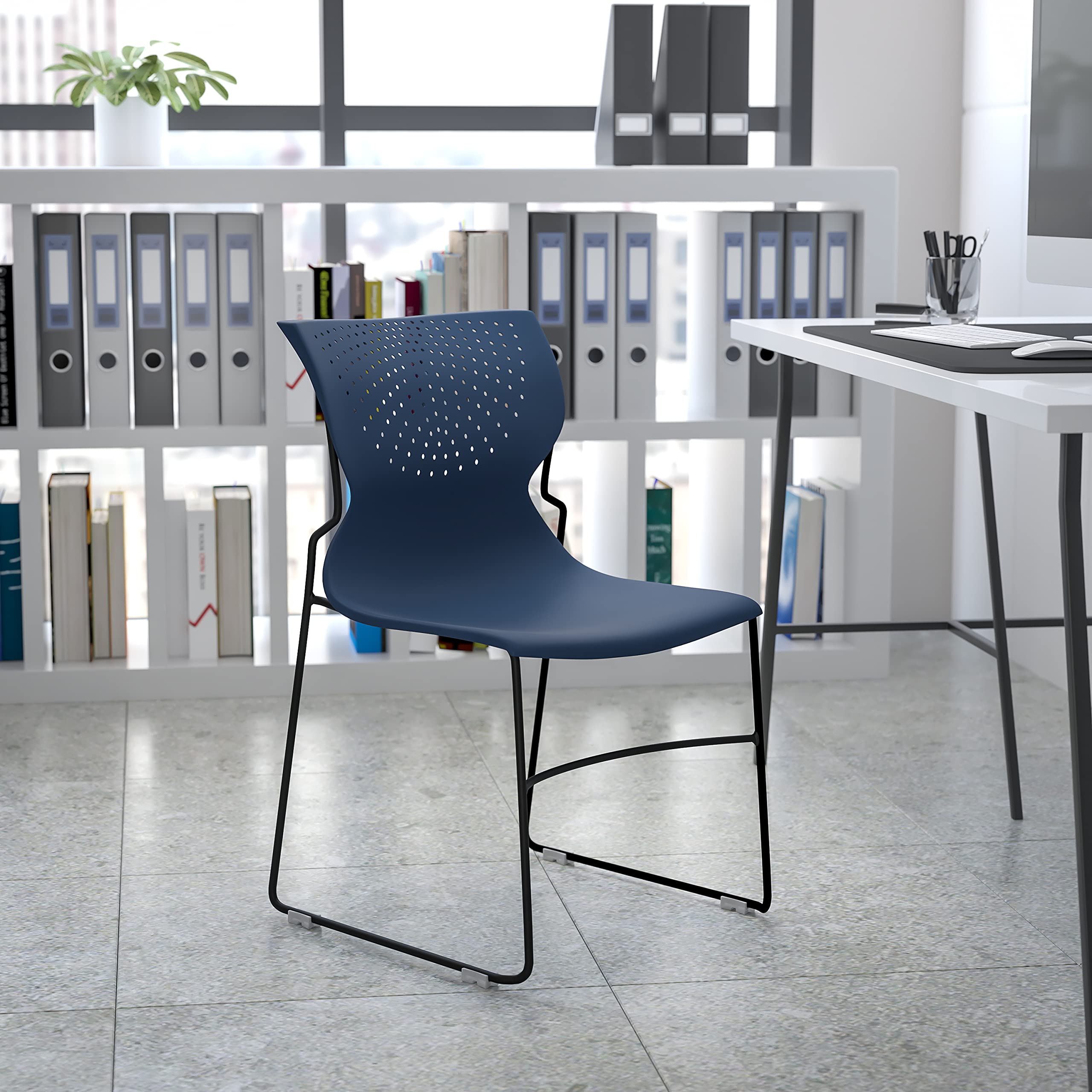 Ergonomic Navy Full Back Stack Chair with Gray Frame - Comfortable Guest Chair for Home, Office & Conference Room Use
