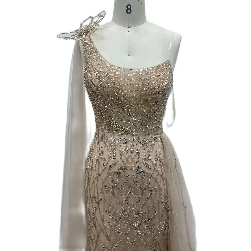 Elegant Nude Arabic Evening Dress with Side Train & One Shoulder Mermaid Style for Women's Formal Prom, Wedding & Party Gowns - Perfect for Red Carpet Events, Galas & Special Occasions 2025 LA72442