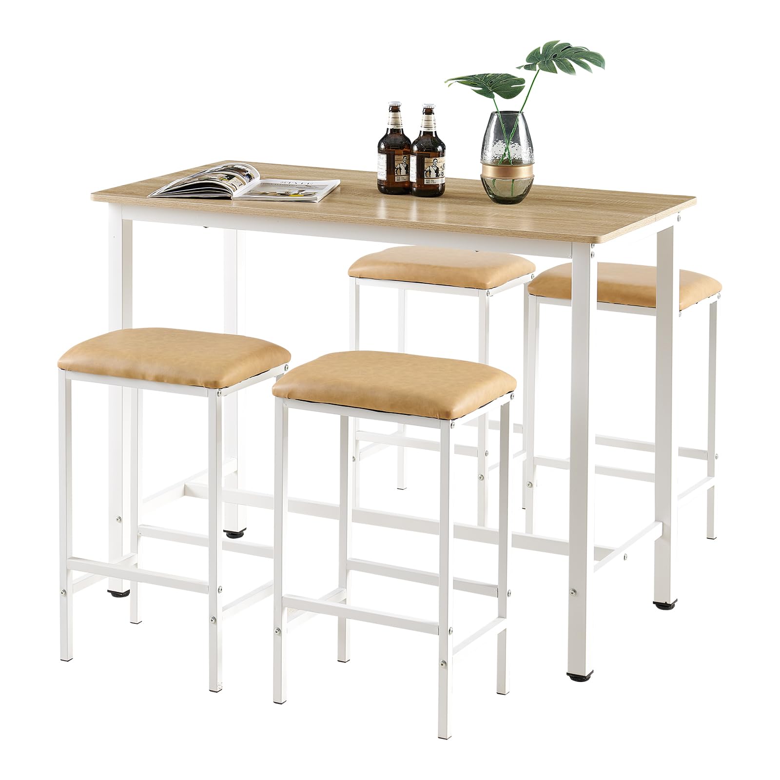 Buybyroom Oak Bar Table Set with 4 Upholstered Stools - Kitchen & Dining Counter Height Table for Small Spaces - Perfect for Breakfast Nook, Apartment Living Room & Compact Dining Areas