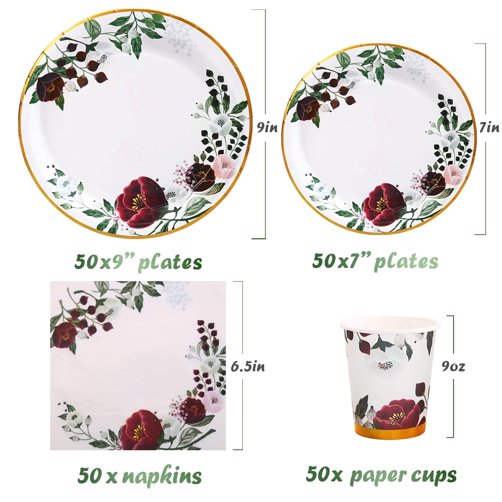 200Pcs Burgundy Floral Paper Plates & Napkins Set - Elegant Wedding, Bridal Shower & Party Supplies for 50 Guests - Perfect for Birthday, Valentine's Day, Easter & Spring Celebrations - Ideal for Indoor/Outdoor Events, Baby Showers & Anniversary Parties