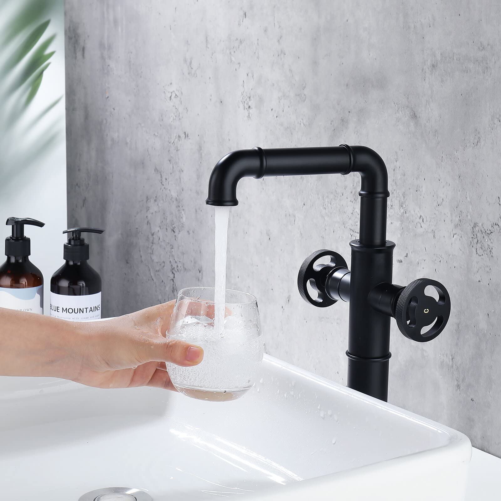 Industrial Style Matte Black Bathroom Faucet - Solid Brass 2-Handle Vessel Sink Faucet with Mixer Tap | Perfect for Modern Farmhouse, Loft & Industrial Bathroom Designs
