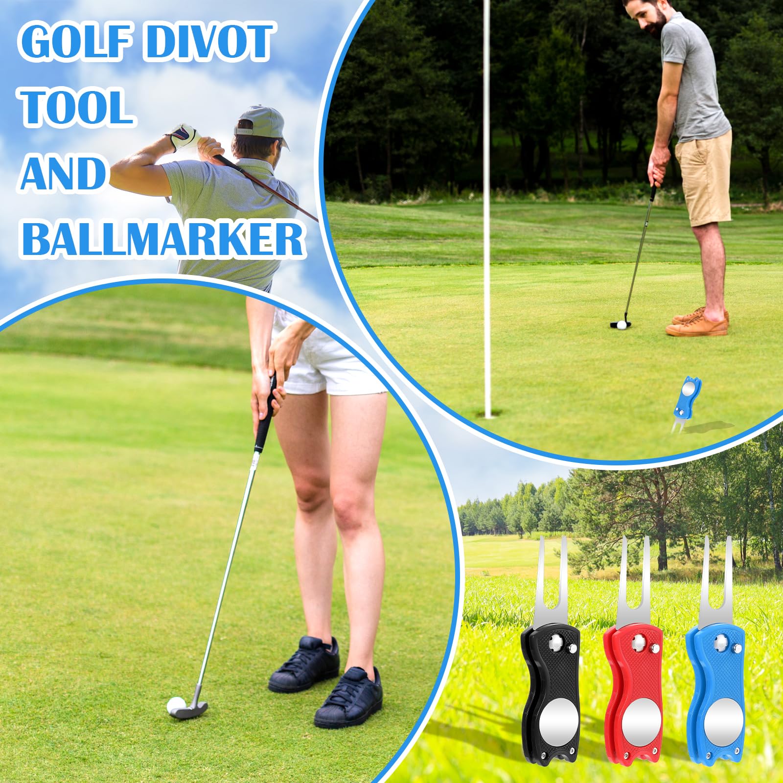 3Pcs Golf Divot Repair Tool Set - Foldable Metal Golf Green Repair Tool with Ball Marker & Turf Fork - Perfect for Golf Course, Practice & Tournament Use
