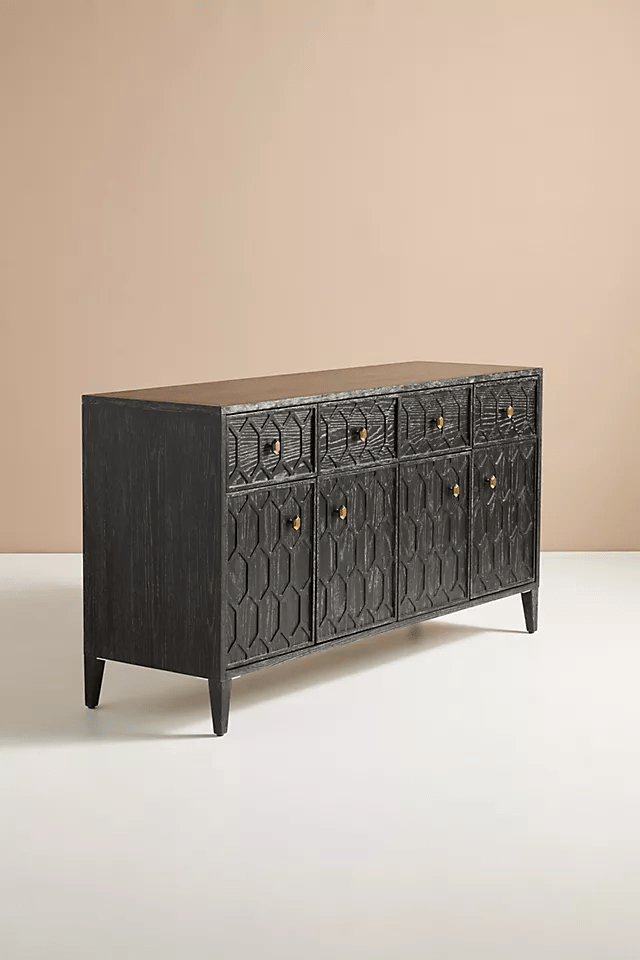 Hand Carved Textured Trellis Buffet Table - Black Indian Furniture for Dining Room & Living Room Storage