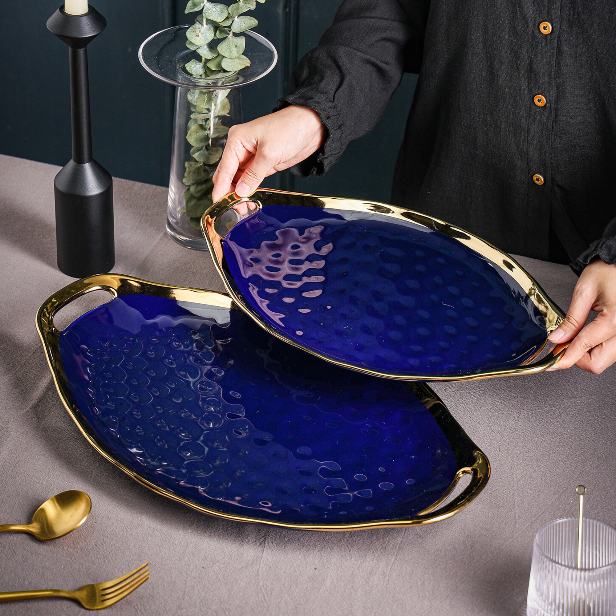 Florian Porcelain Dinner Plates Set of 6 - Elegant Blue Ceramic Service Plates for Fine Dining, Wedding, and Formal Occasions