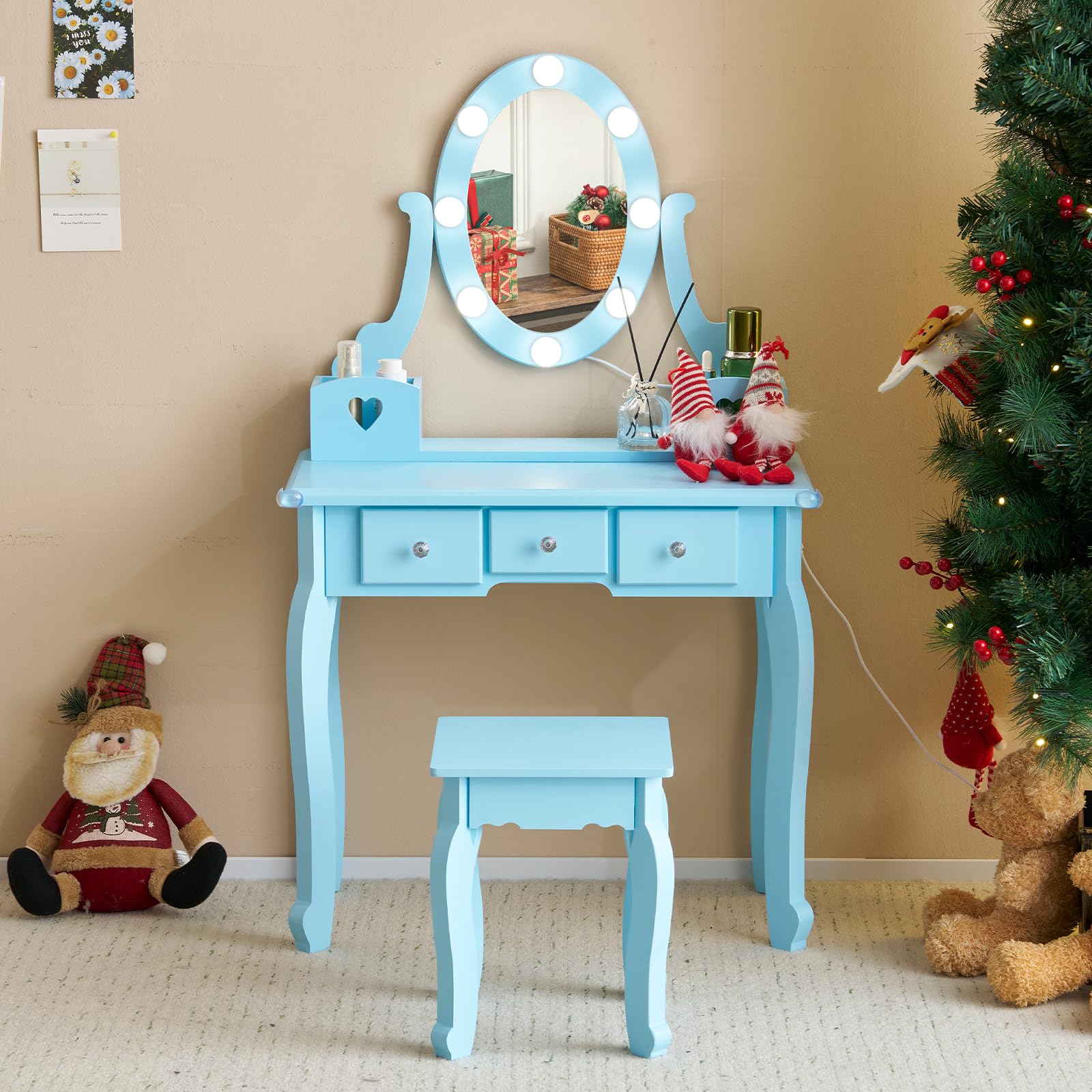 Princess Makeup Vanity Set with Mirror, LED Lights & Stool - 5-Drawer Dressing Table for Girls in Macaron Blue | Perfect for Pretend Play, Bedroom Decor & Birthday Gifts