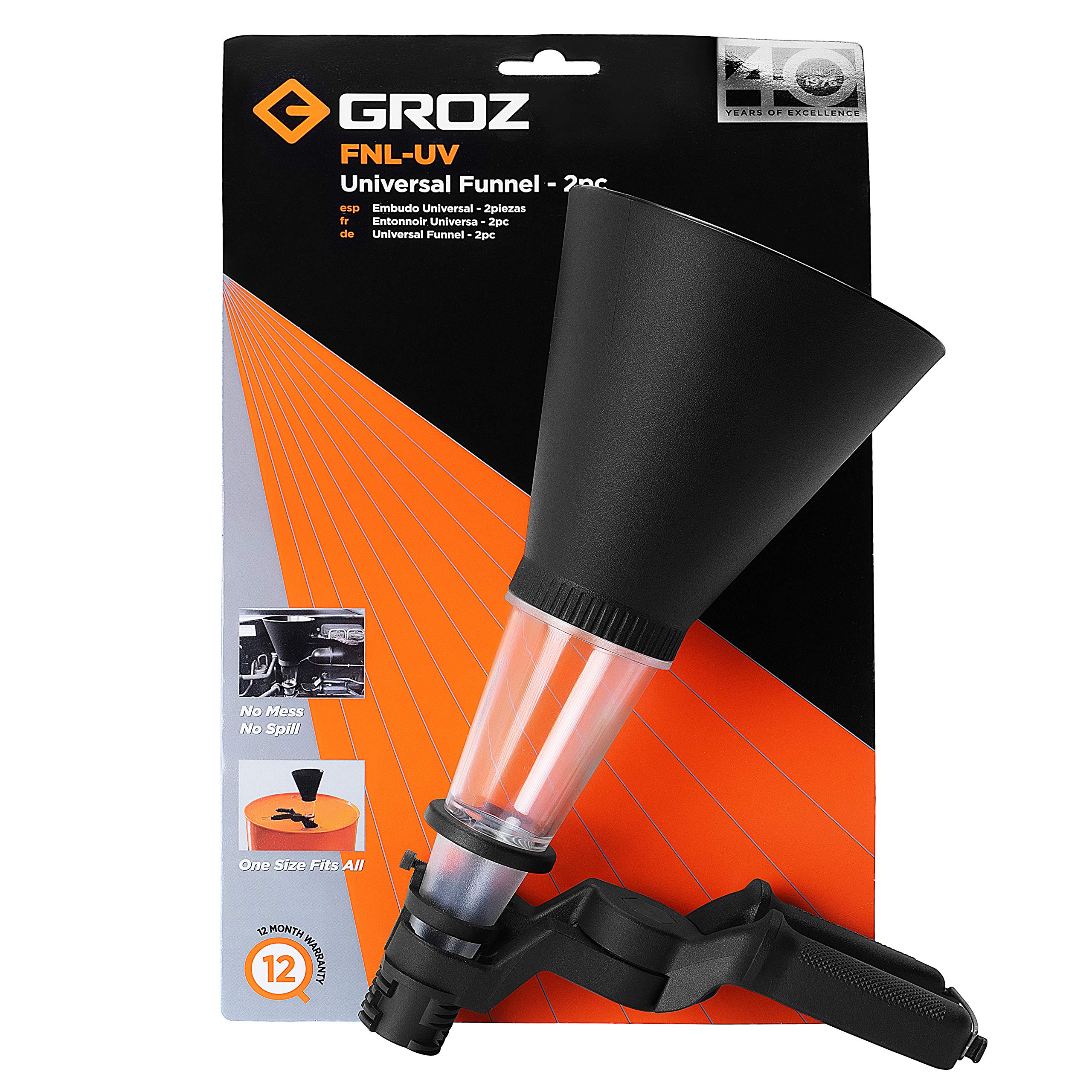 Groz 41940 Universal Oil Funnel - Durable Plastic Engine Oil Filler Funnel for Cars, Motorcycles, Lawn Mowers - Perfect for DIY Auto Maintenance & Fluid Changes