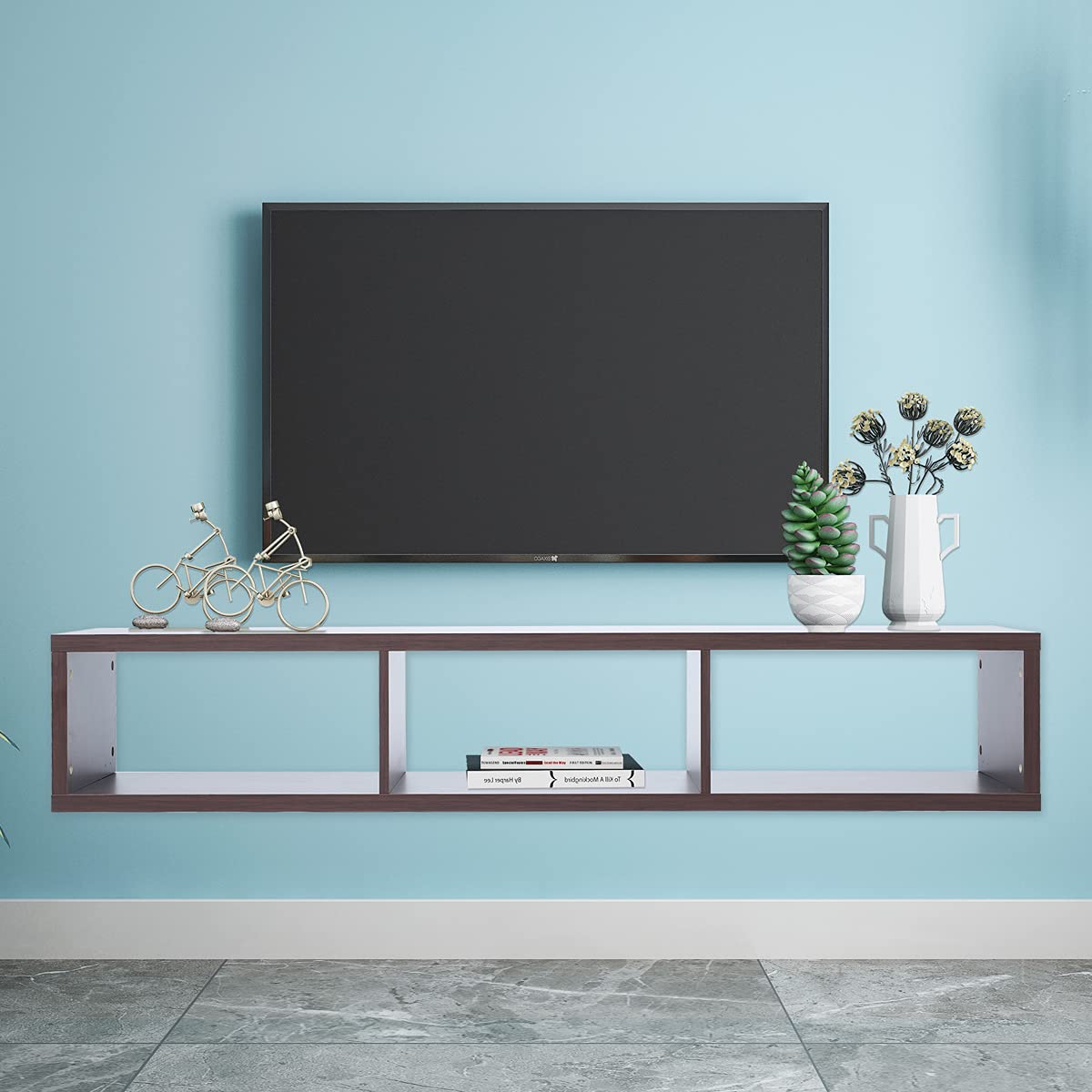 Floating TV Stand Wall Mounted - Modern 2 Tier TV Shelf with 3 Storage Compartments for Living Room, Bedroom - Fits up to 60 Inch Flat Screen TV (Walnut Finish) - Perfect for Small Spaces & Home Theater Setup