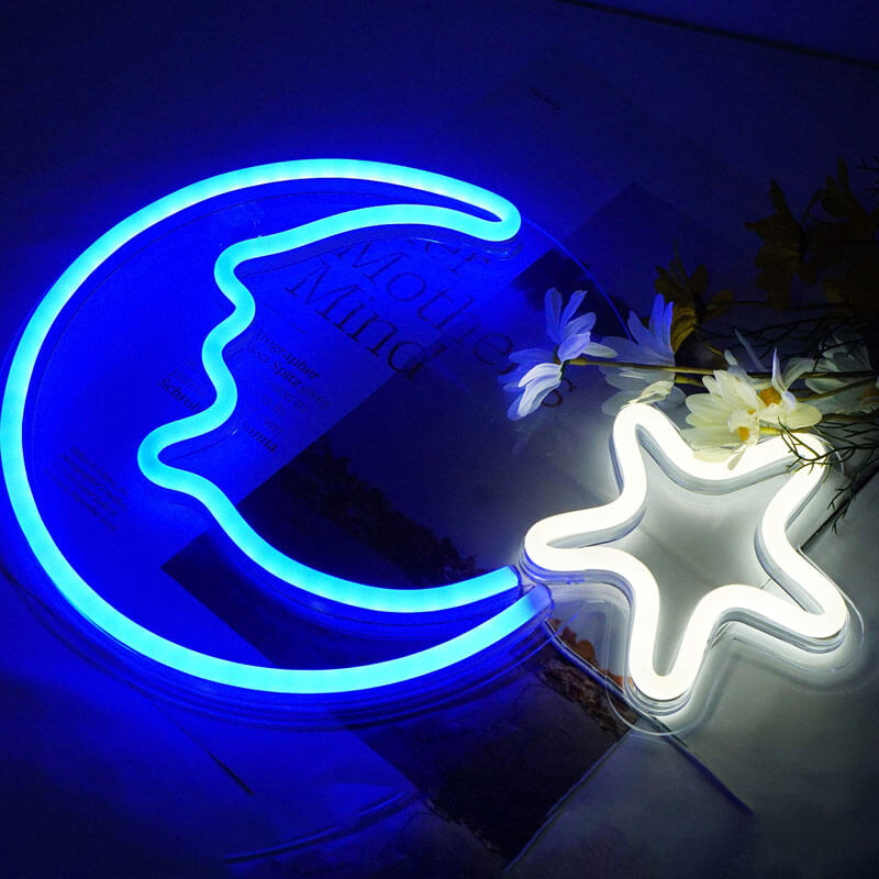 Blue Moon and Star Wall Neon Sign - Custom LED Decor for Bedroom, Bar, Cafe - Perfect for Home & Business Lighting