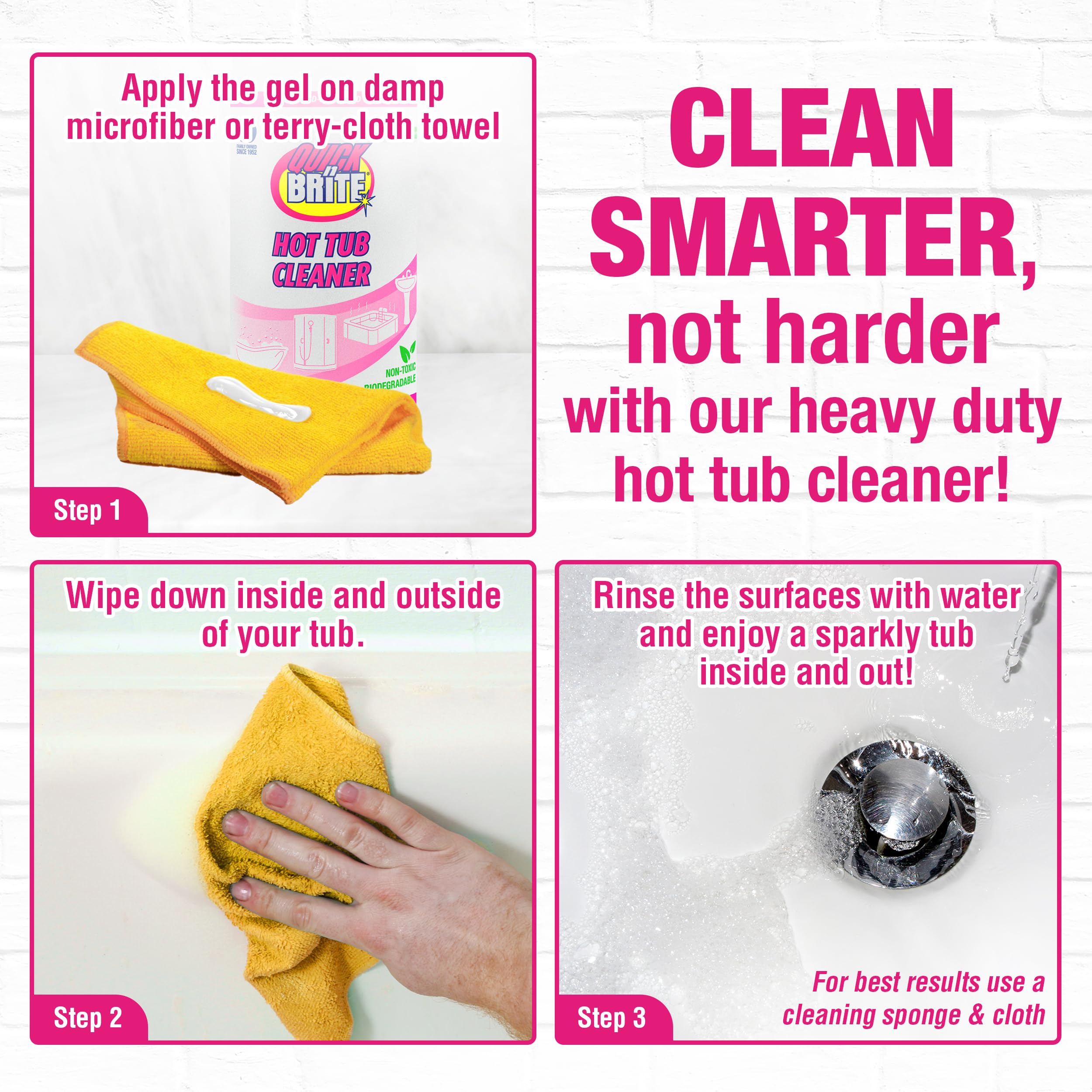 Quick N Brite Heavy Duty Hot Tub Cleaner Kit - Non-Abrasive Cleaning Gel with Sponge & Microfiber Cloth, 32 oz | Removes Stains, Scum & Buildup | Safe for All Hot Tub Surfaces | Ideal for Jacuzzis, Spas & Whirlpools (Packaging May Vary)