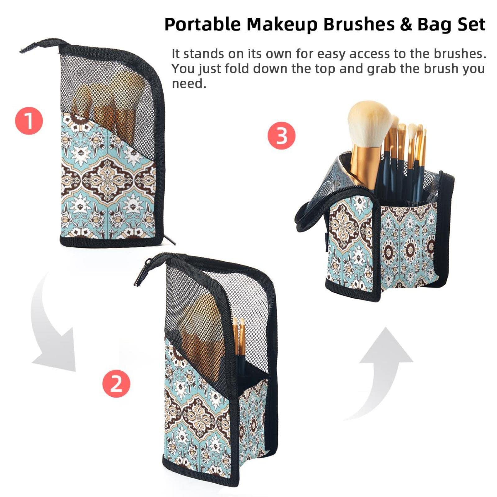 Retro Geometric Boho Style Makeup Brush Organizer Bag with 12 Brushes - Portable Makeup Brush Holder Case for Travel & Home Vanity Organization