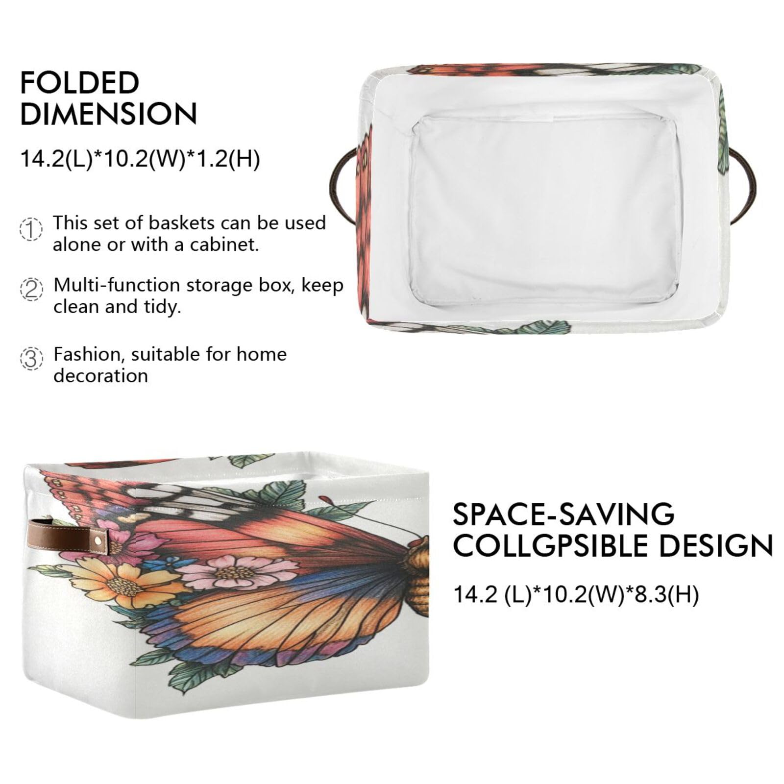 Large Storage Baskets with Handles - Foldable Closet Organizers & Home Storage Bins for Shelves (2-Pack, Calico Butterfly) - Perfect for Bedroom, Bathroom, and Kids' Room Organization