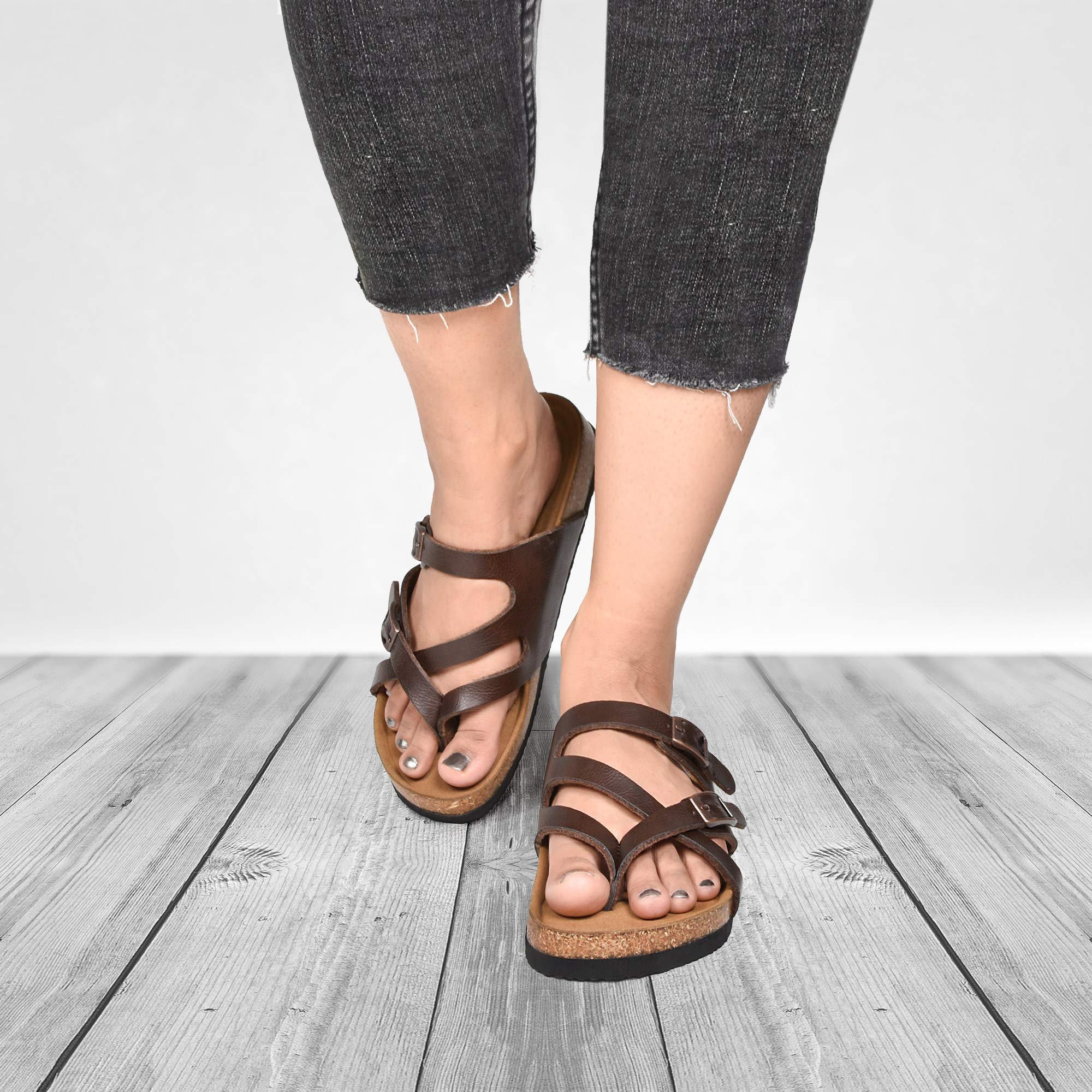 AEROTHIC Women's Strappy Slip-On Sandals with Memory Foam Cushion & Cork Footbed - Adjustable Buckle, Arch Support for All-Day Comfort - Perfect for Beach, Pool, Travel & Casual Wear