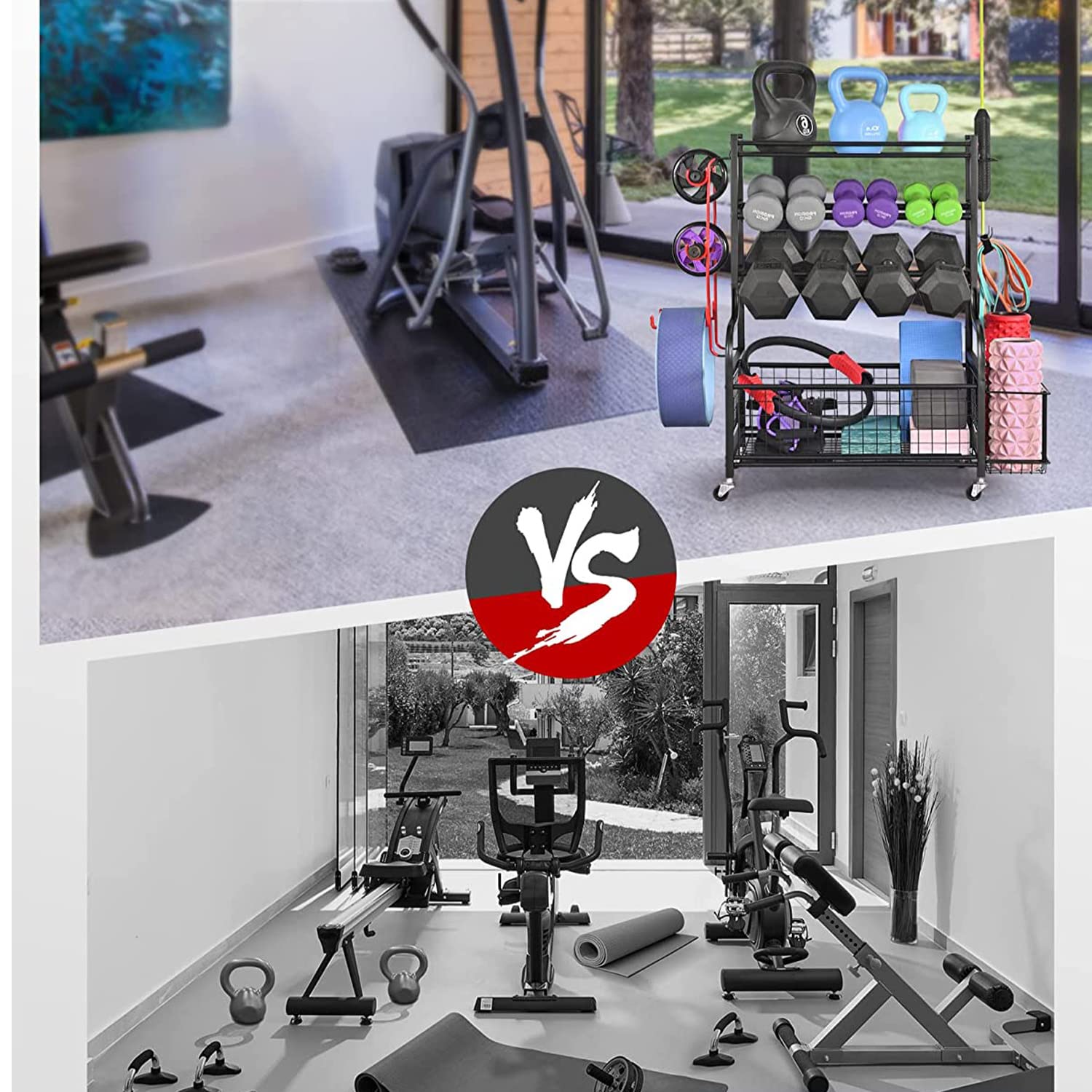 Mythinglogic Adjustable Dumbbell Rack with Wheels - Heavy Duty Home Gym Storage Organizer for Dumbbells, Kettlebells & Yoga Mats - Space Saving Workout Equipment Rack with Hooks - Perfect for Garage, Basement & Home Fitness Rooms