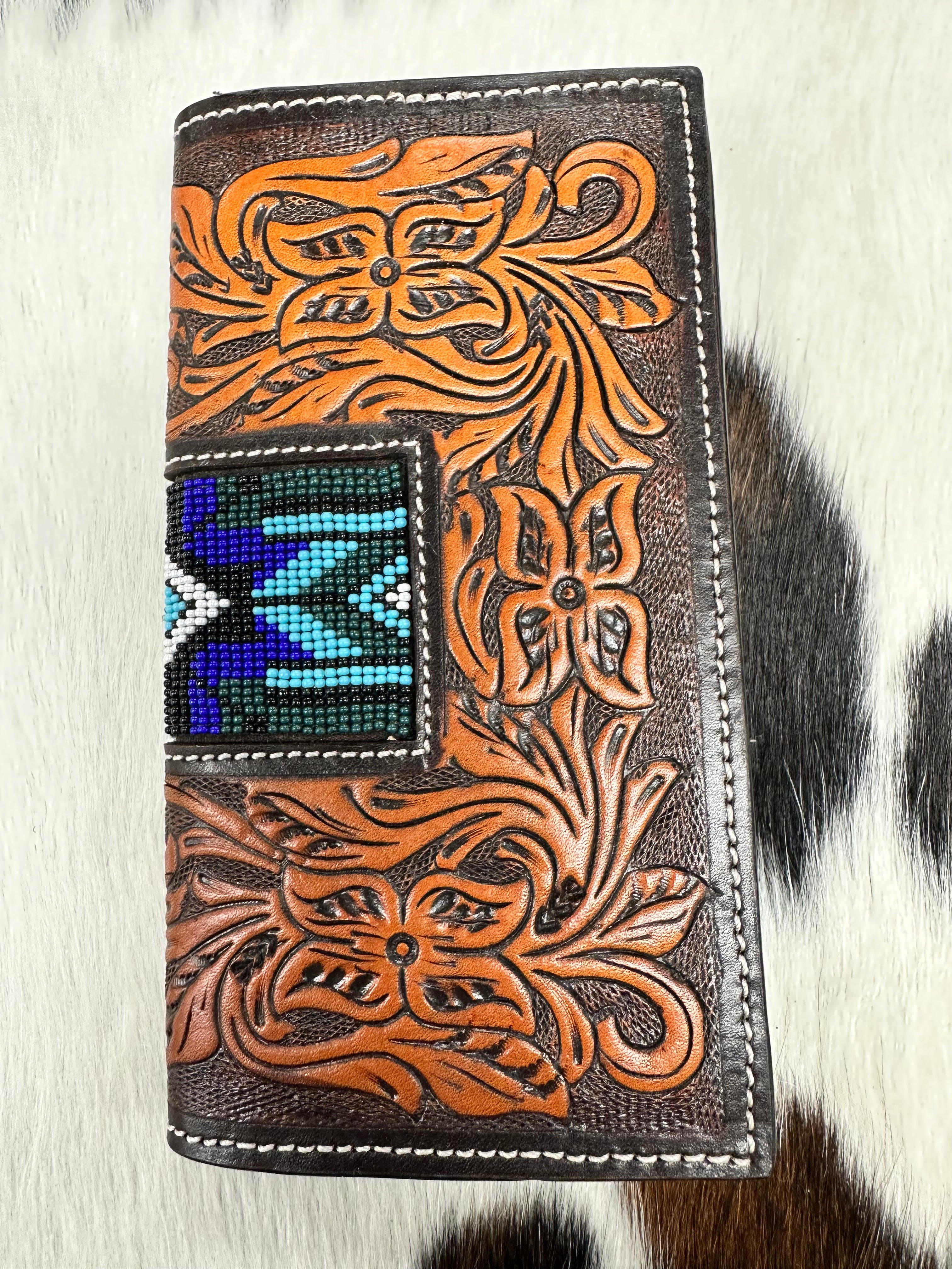 Twisted X Genuine Leather Blue Beaded Wallet for Men & Women | Handcrafted Western Style Money Clip | Perfect for Rodeo, Country Music Festivals & Outdoor Events