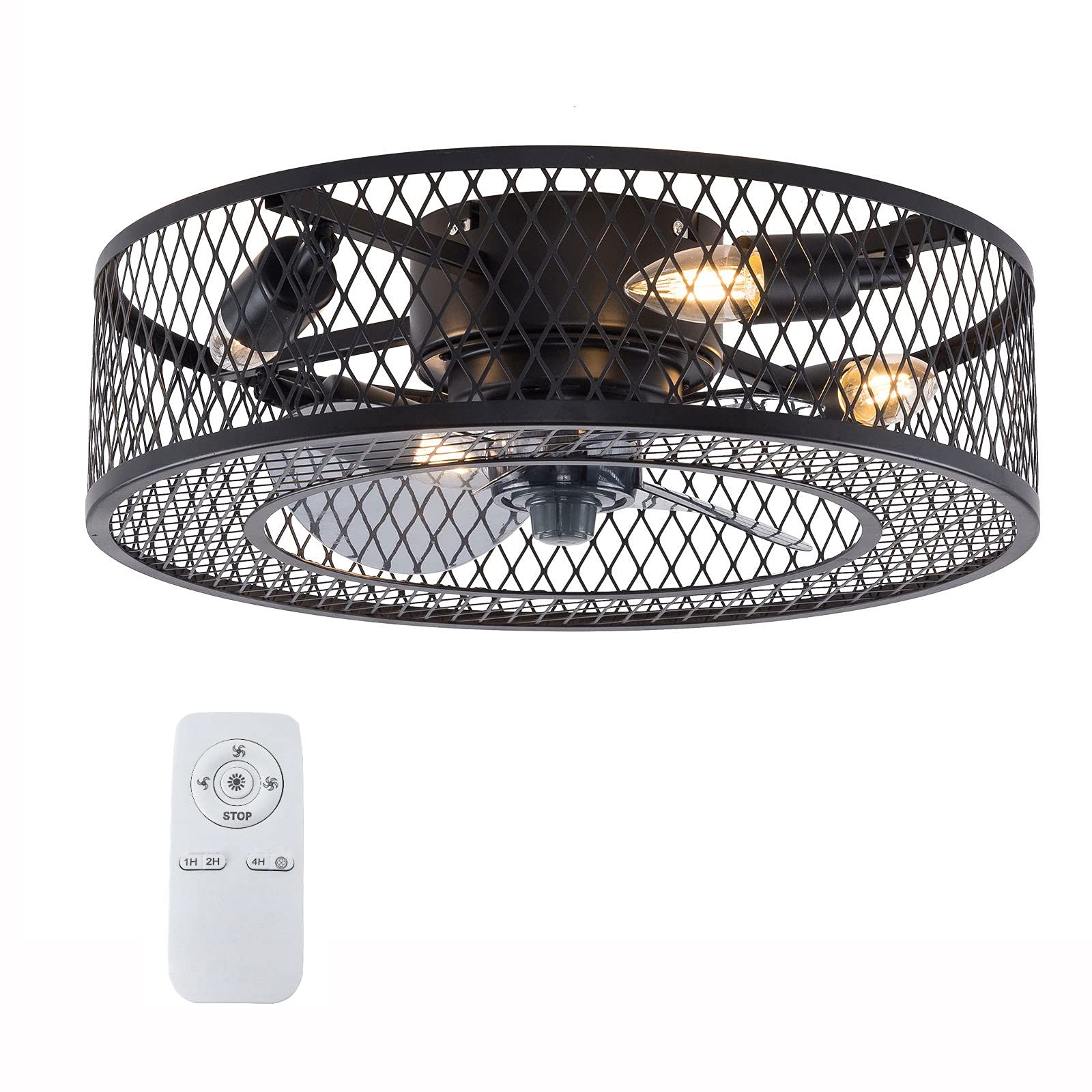 18 Inch Black Iron Caged Ceiling Fan with Light - 3 Speed Adjustable Remote Control, Low Profile Flush Mount Chandelier (4xE27 Bulb Base) - Perfect for Bedroom, Living Room, Kitchen and Office Spaces
